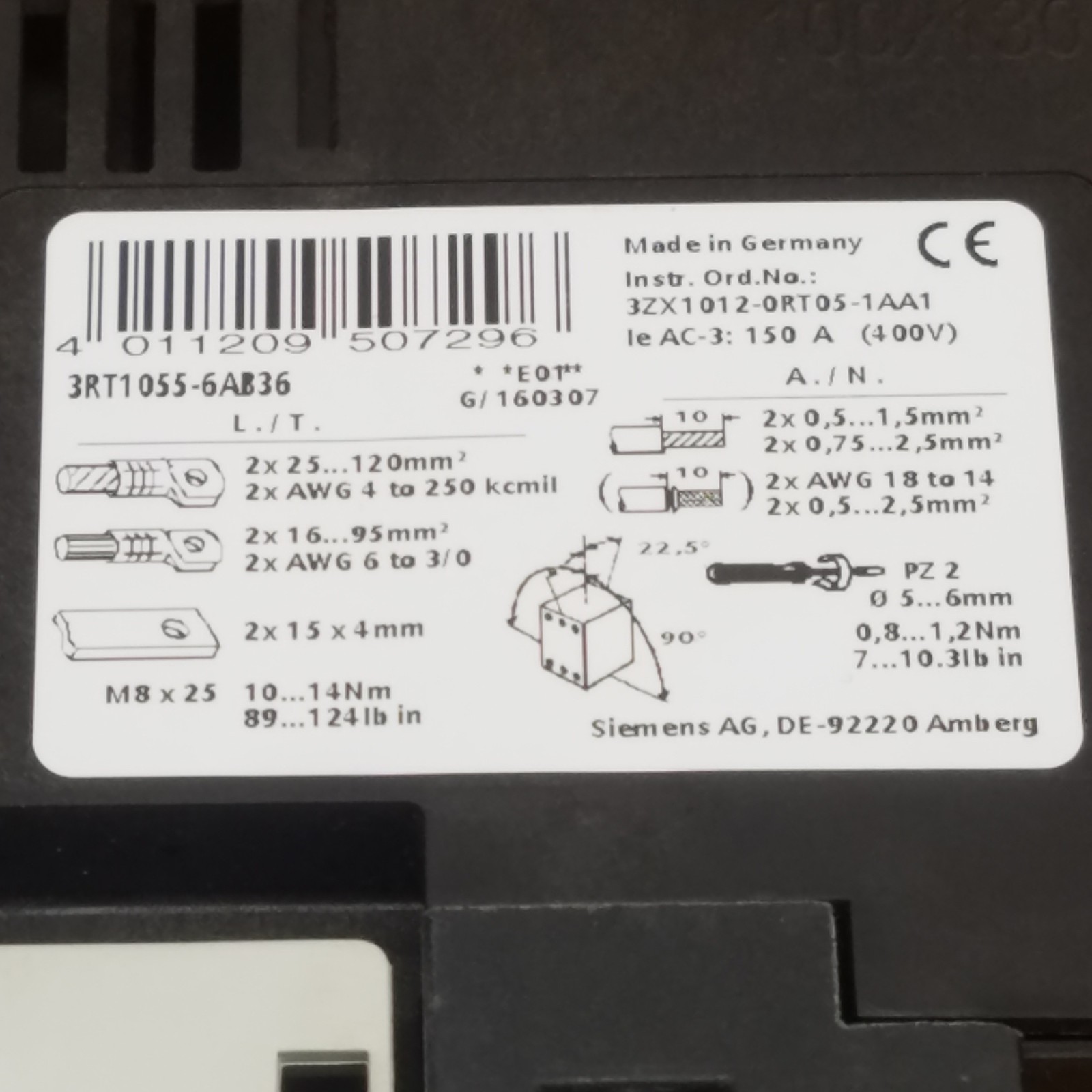 Siemens 3RT1055-6AB36 Contactor, 195A, 600V AC - USED