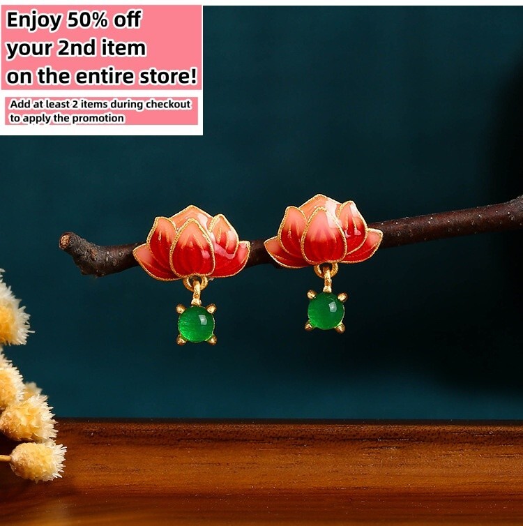 Jade Enamel Dangle Earrings Boho Lotus Flower Dainty Gemstone 18K Gold Plated