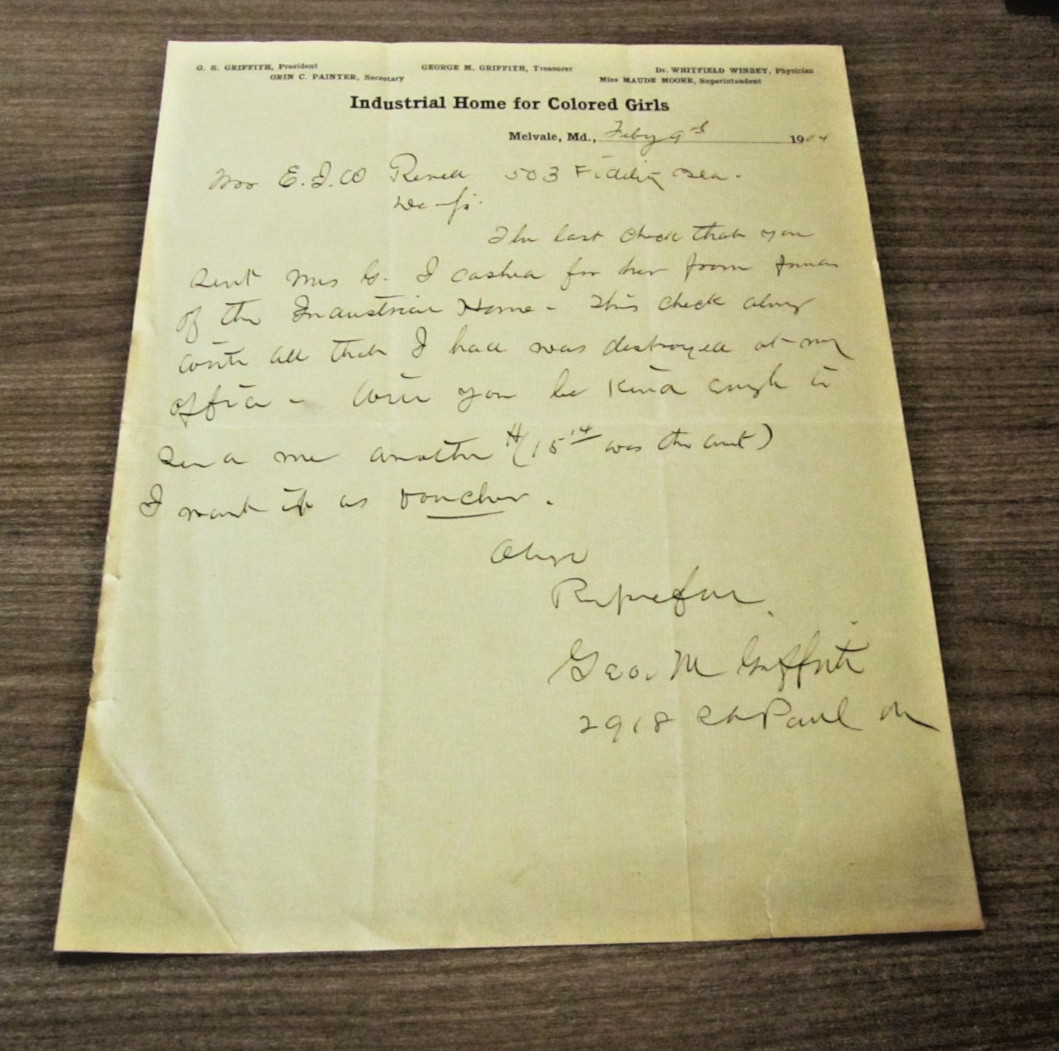 Antique 1904 Melvale Maryland Industrial Home For Colored Girls Signed Letter