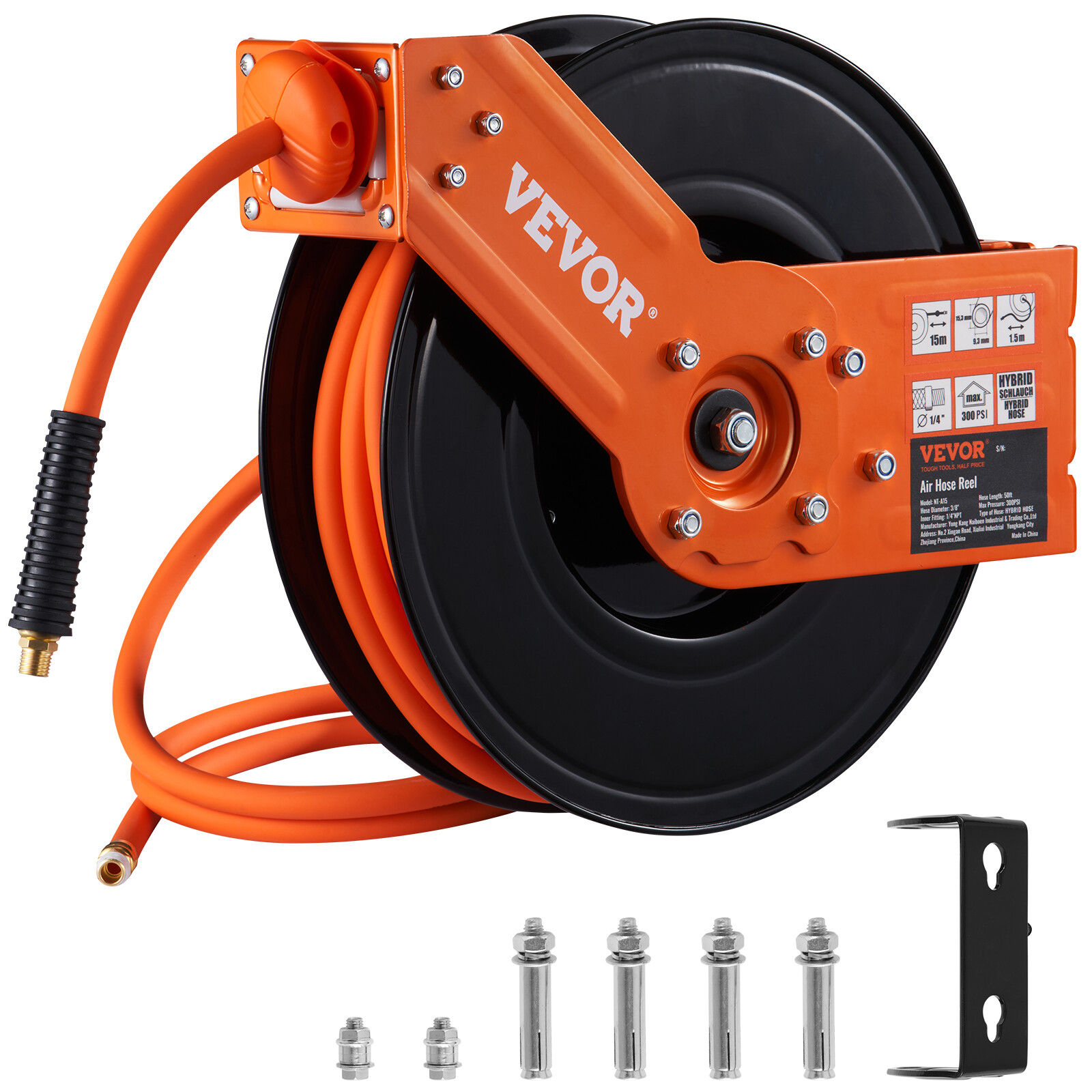VEVOR Retractable Air Hose Reel 3/8 IN x 50 FT Hybrid Air Hose Max 300 PSI