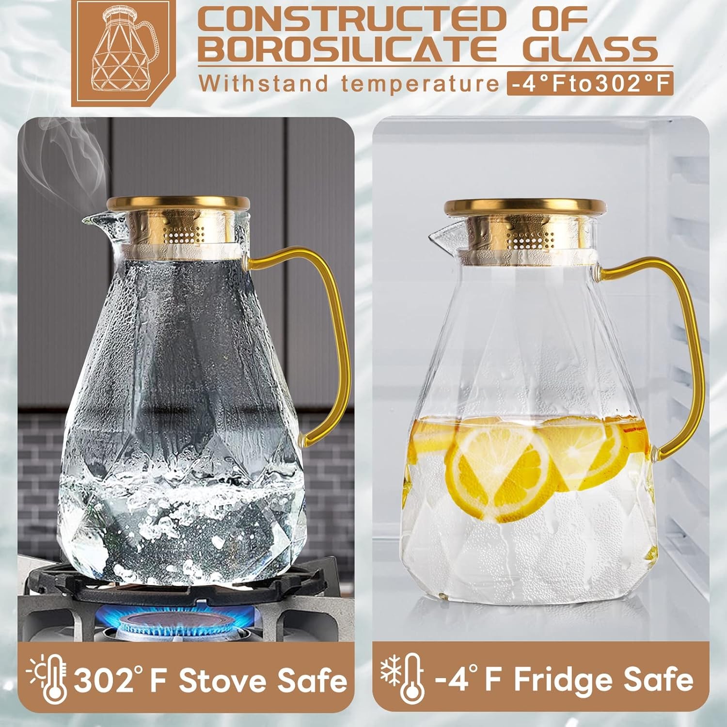 Glass Pitcher, 2.2 Liter Water Pitcher With Lid,Iced Tea Pitcher for Fridge