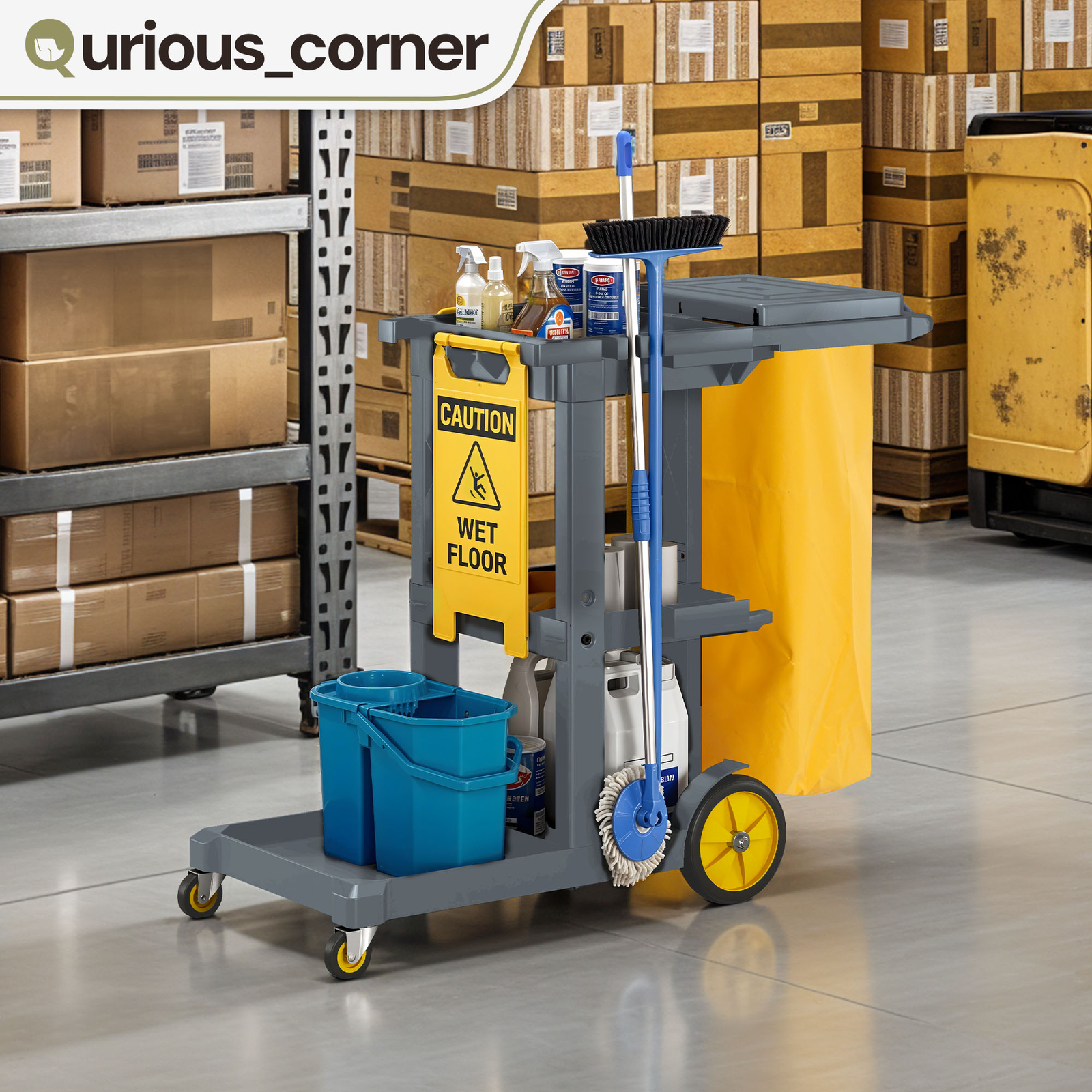 3-Shelf Janitorial Cleaning Cart w/ 2 Trash Bags Commercial Housekeeping Trolley