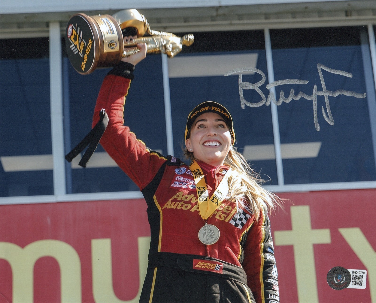 BRITTANY FORCE AUTOGRAPHED 8X10 PHOTO HOLDING TROPHY BECKETT AUTHENTICATED