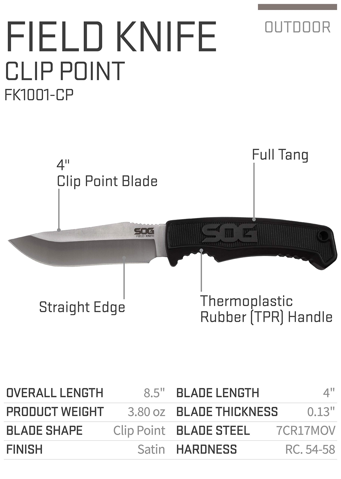 SOG Survival Knife with Sheath - Field Knife Fixed Blade Knives 4 Inch Tactical