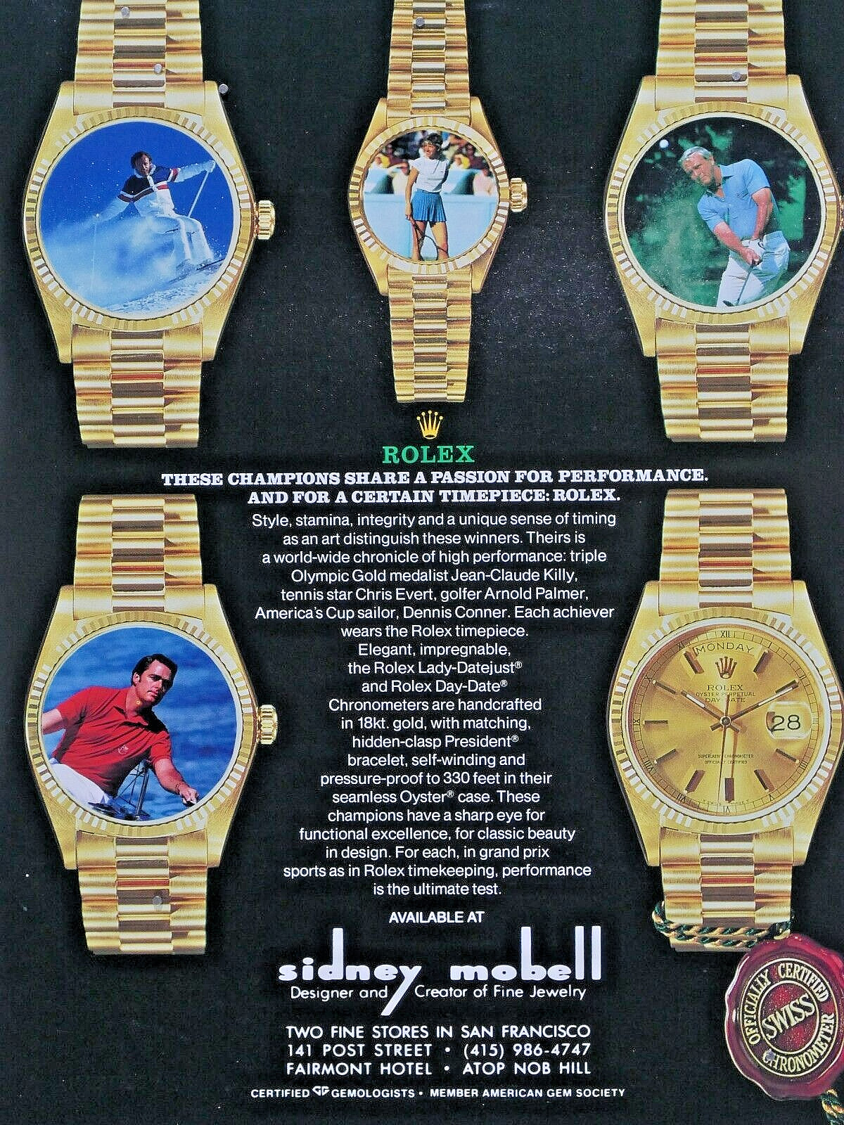 Rolex Sidney Mobell San Francisco Ca VTG 1989 Arnold Palmer Original Print Ad