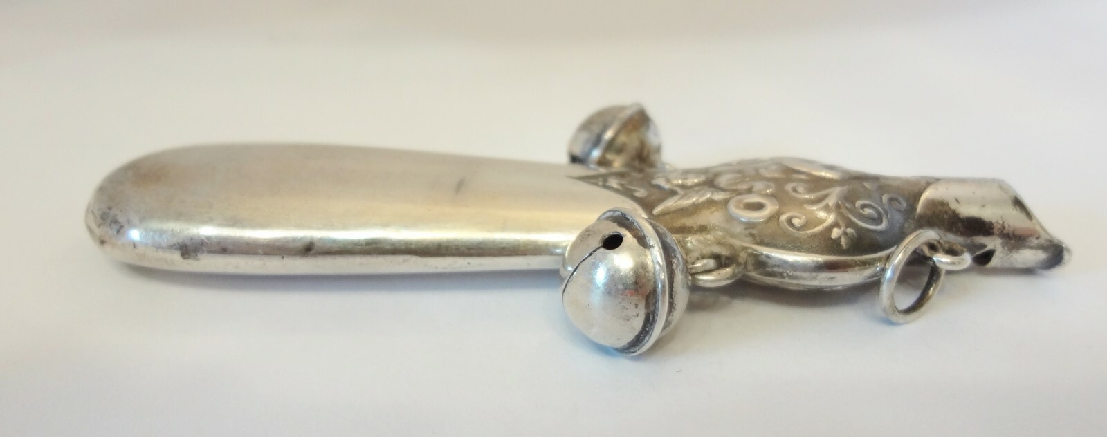 Antique Sterling Silver Baby Rattle Whistle w/ Bells Repousse Cherubs