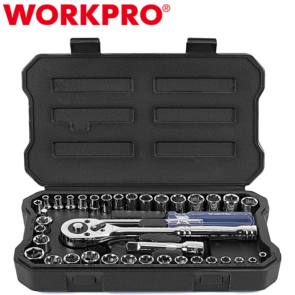 WORKPRO 39PCS Drive Socket Set 1/4" 3/8" Socket Wrench Set Metric SAE With Case