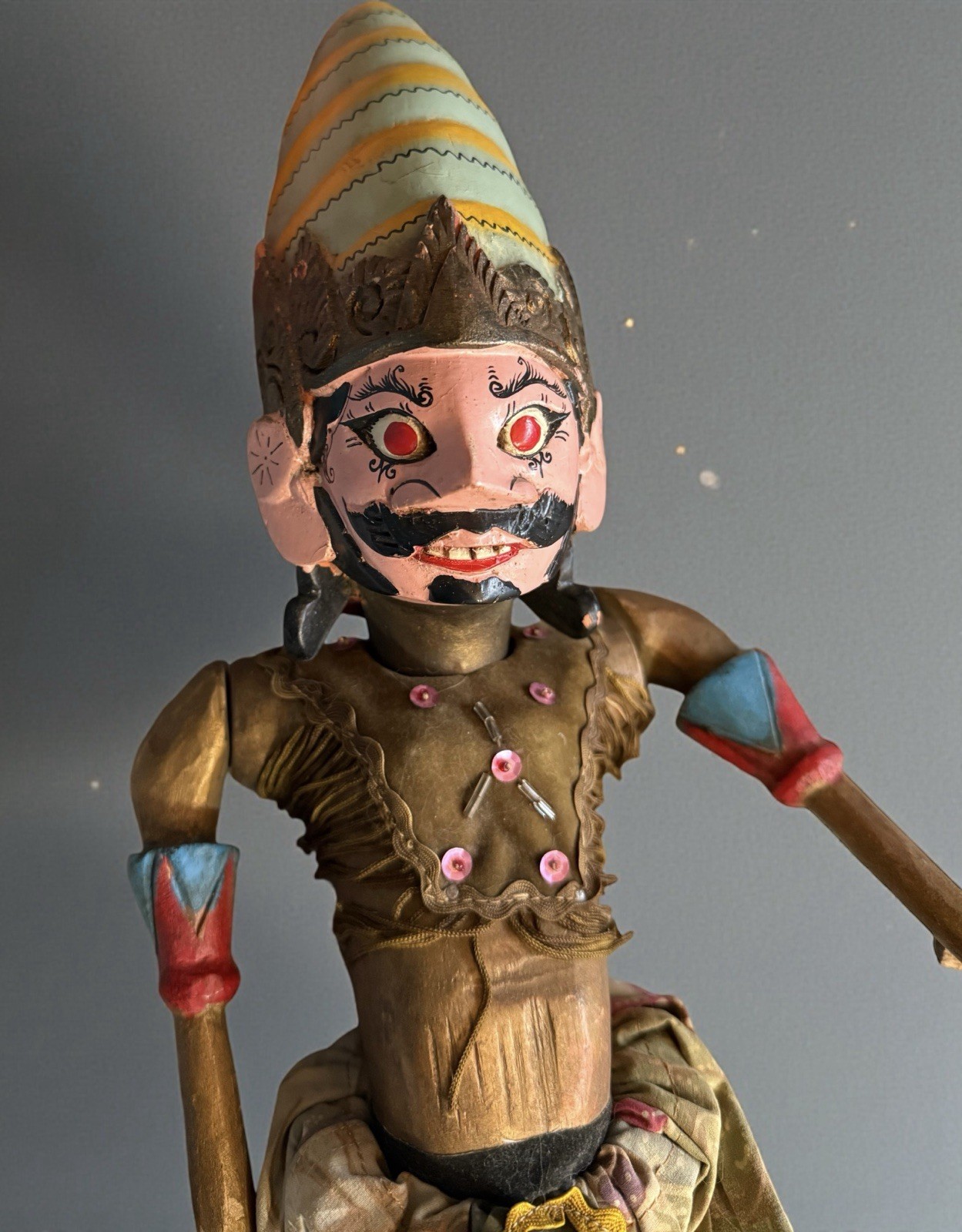 Old wayang golek handcarved wood rod puppet Indonesia 28”