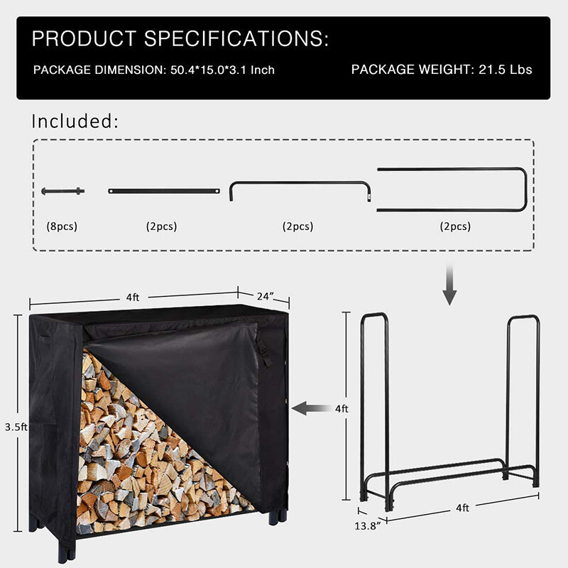 4Ft Heavy Duty Indoor Outdoor Firewood Storage Log Rack w/ Cover Combo Set Black