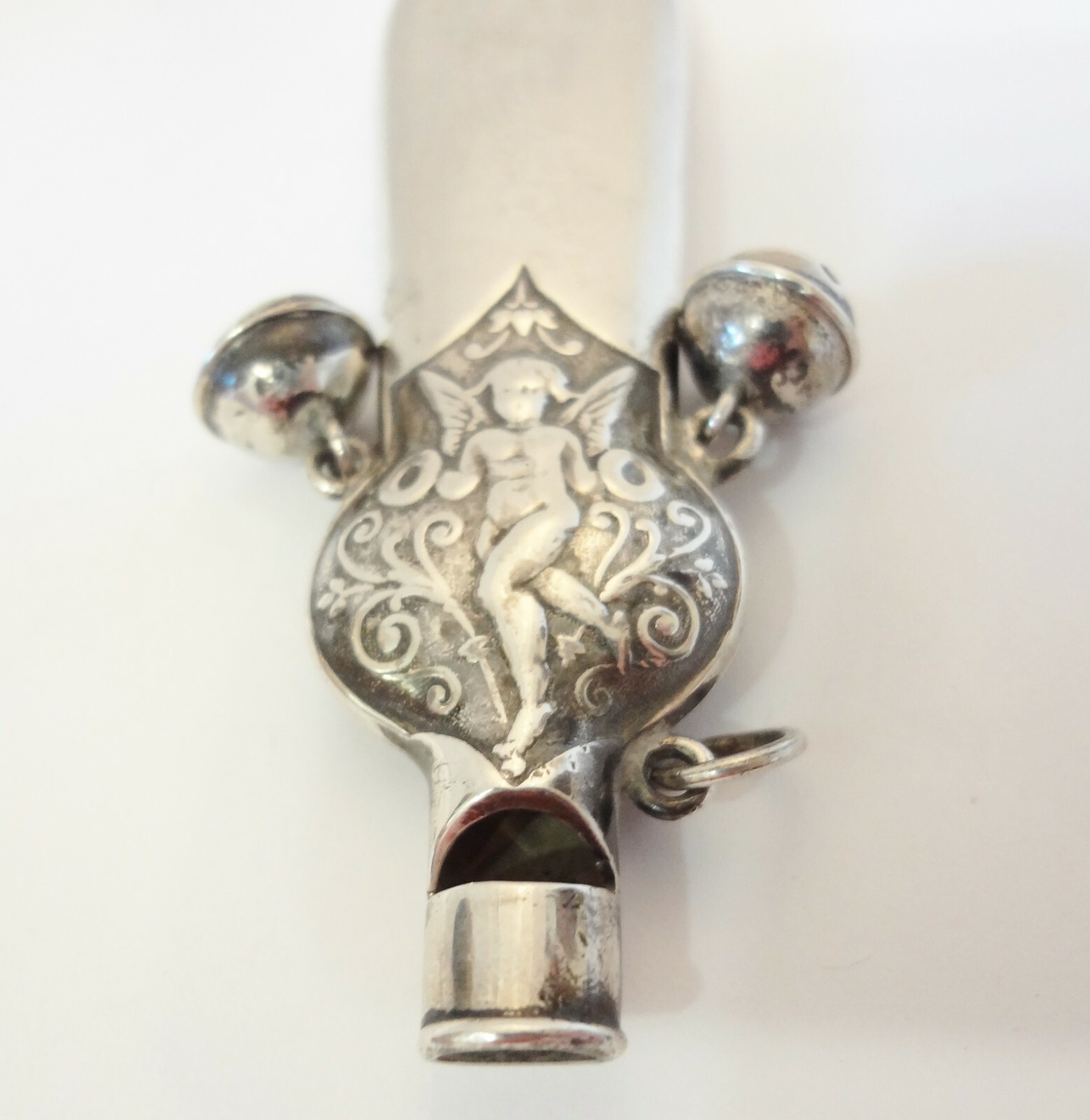 Antique Sterling Silver Baby Rattle Whistle w/ Bells Repousse Cherubs