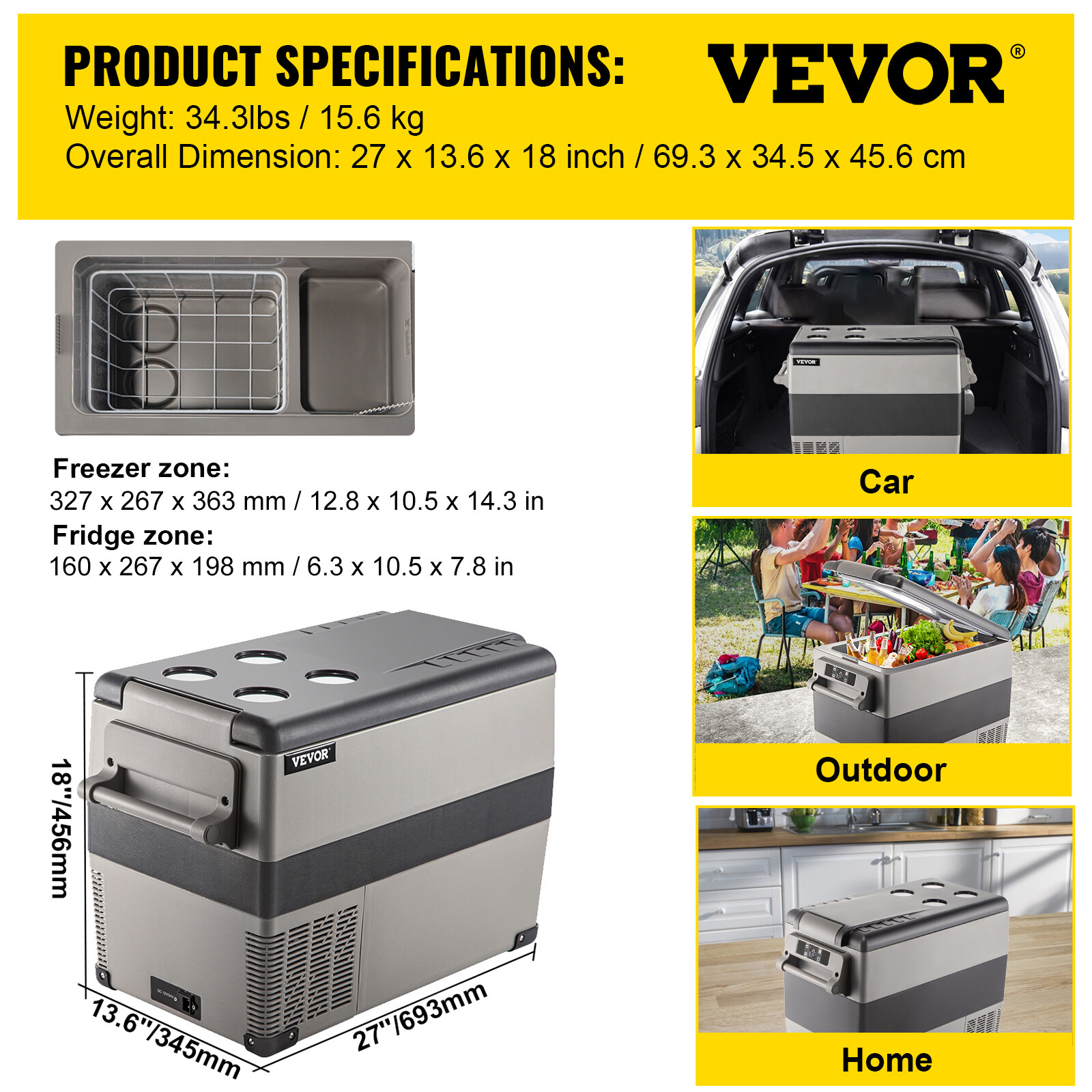 VEVOR Car Fridge Freezer Cooler 47.5QT Portable Compressor 45L Refrigerator