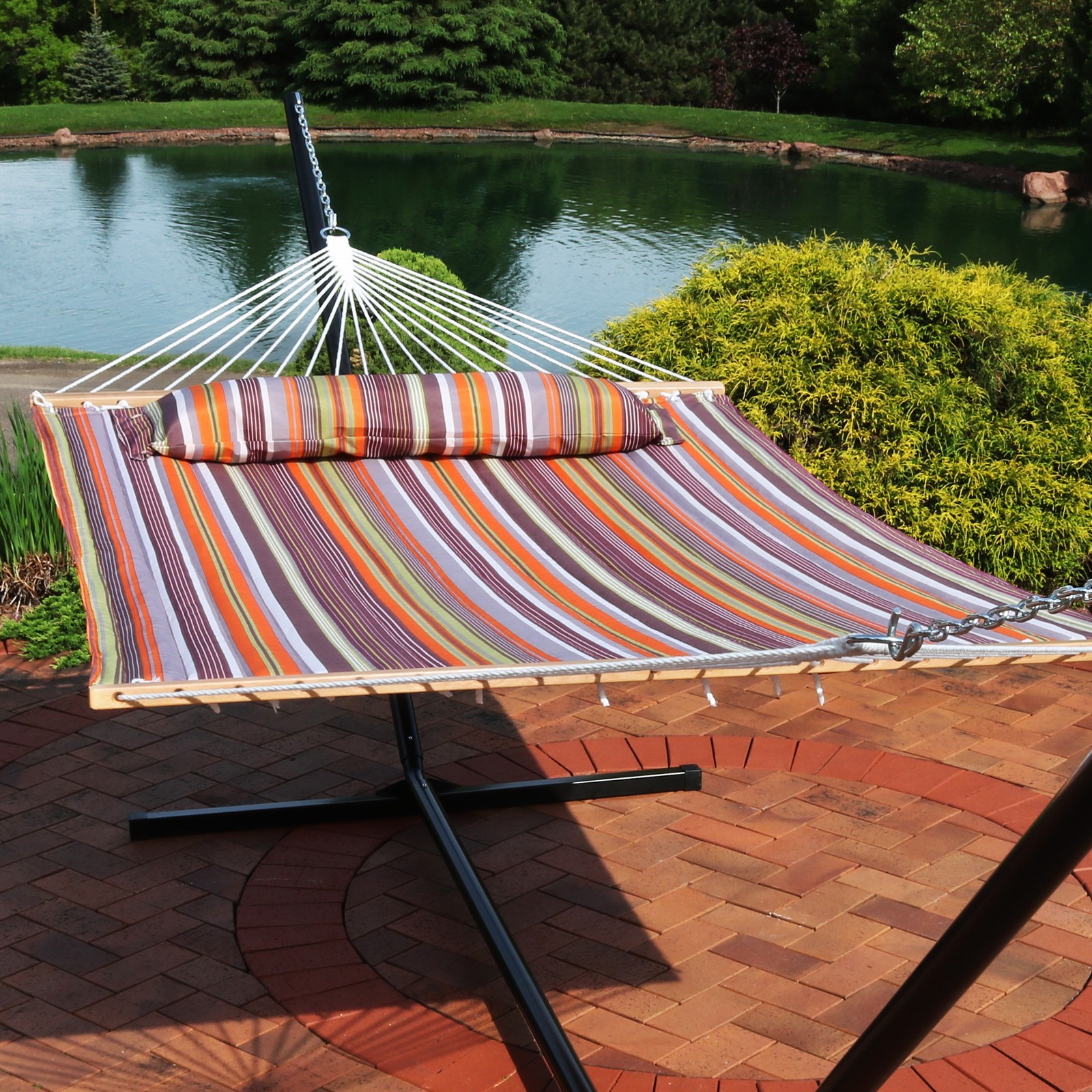 Large Quilted Hammock with Spreader Bars and Pillow - Sunset by Sunnydaze