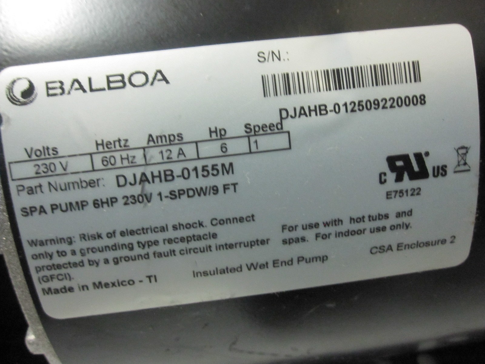 Balboa DuraJet Spa Pump 6HP 230V 1-Speed 56F 2" 3.1" threaded 6.5" Dia Motor