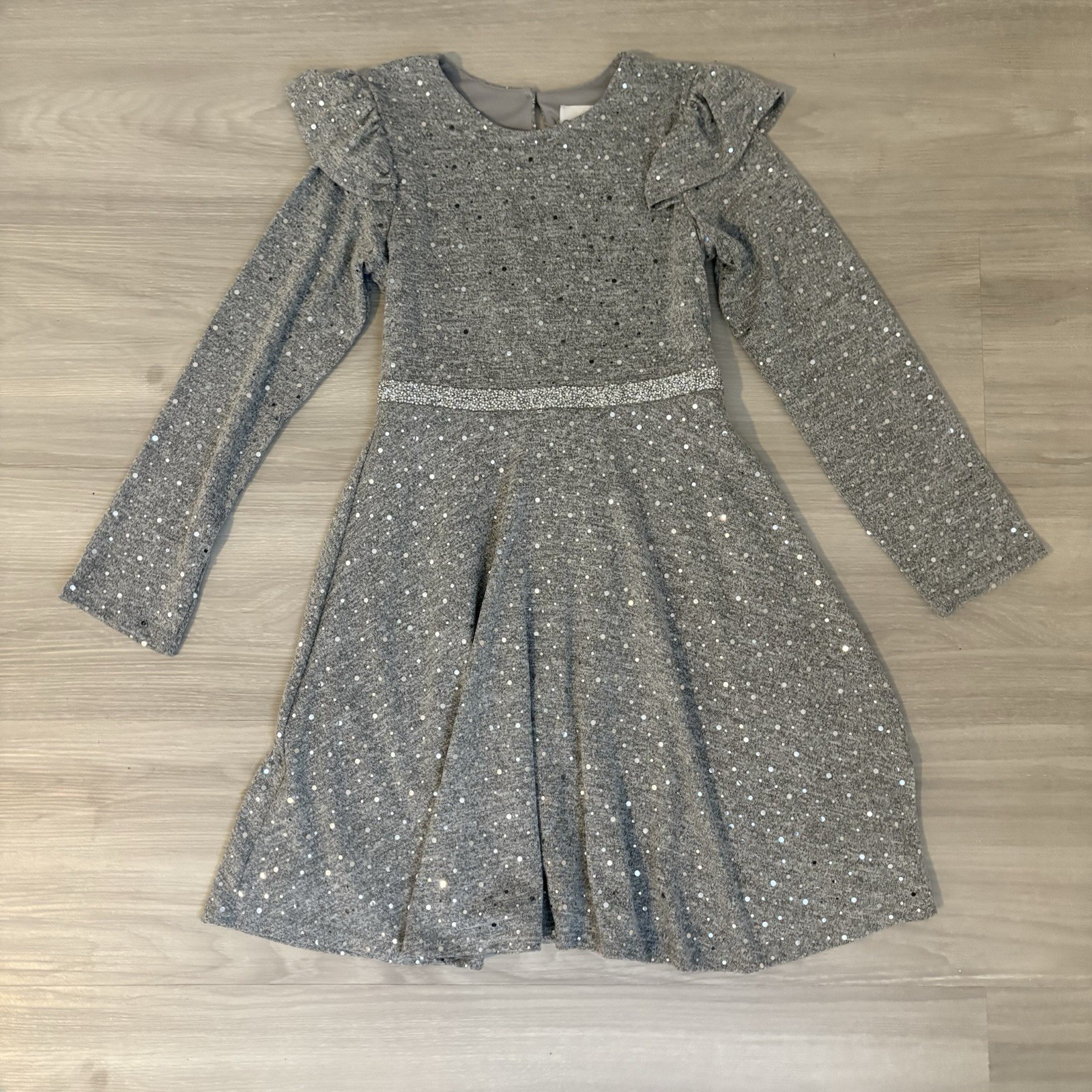 Rare Editions Girls Dress Gray Sequin Ruffle Long Sleeve Party Dress Size 14
