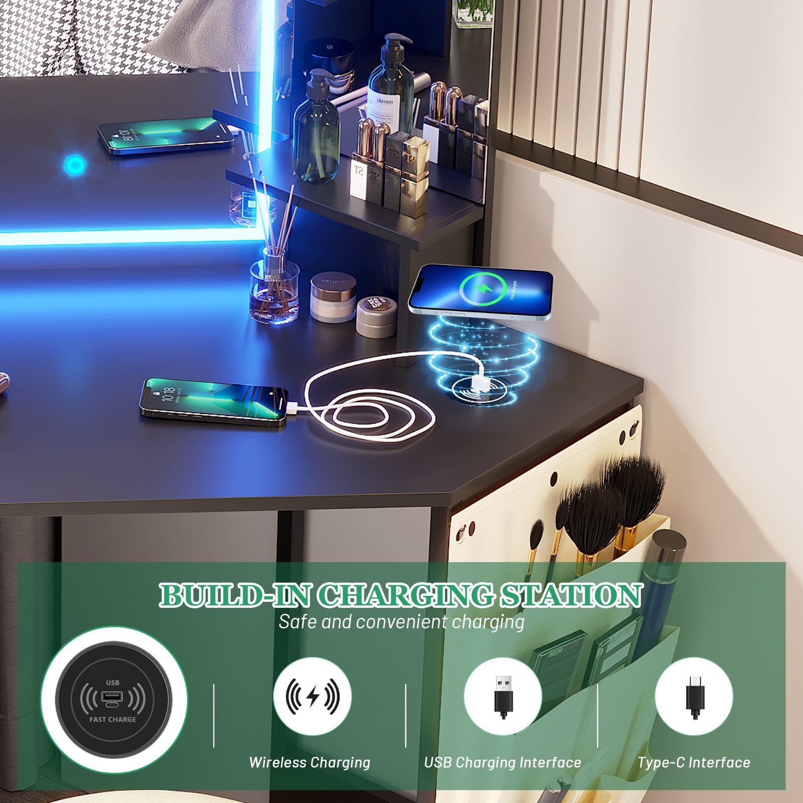 Corner Vanity Desk with Mirror and Lights, Makeup Vanity with Charging Station