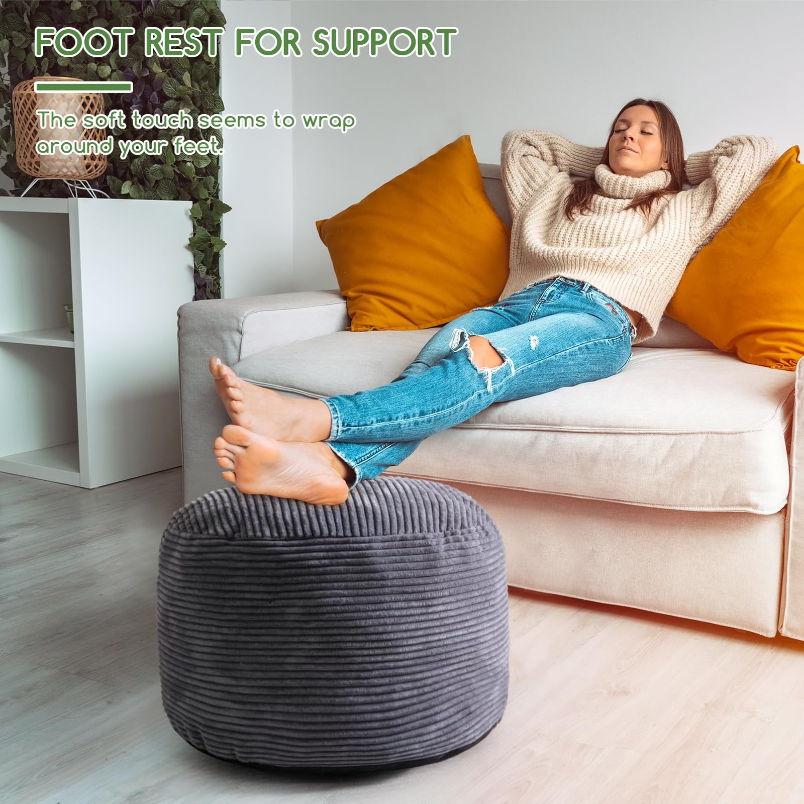 Round Stuffed Pouf Ottoman, Corduroy Poufs with Foam Chunk Filling, Furry and...