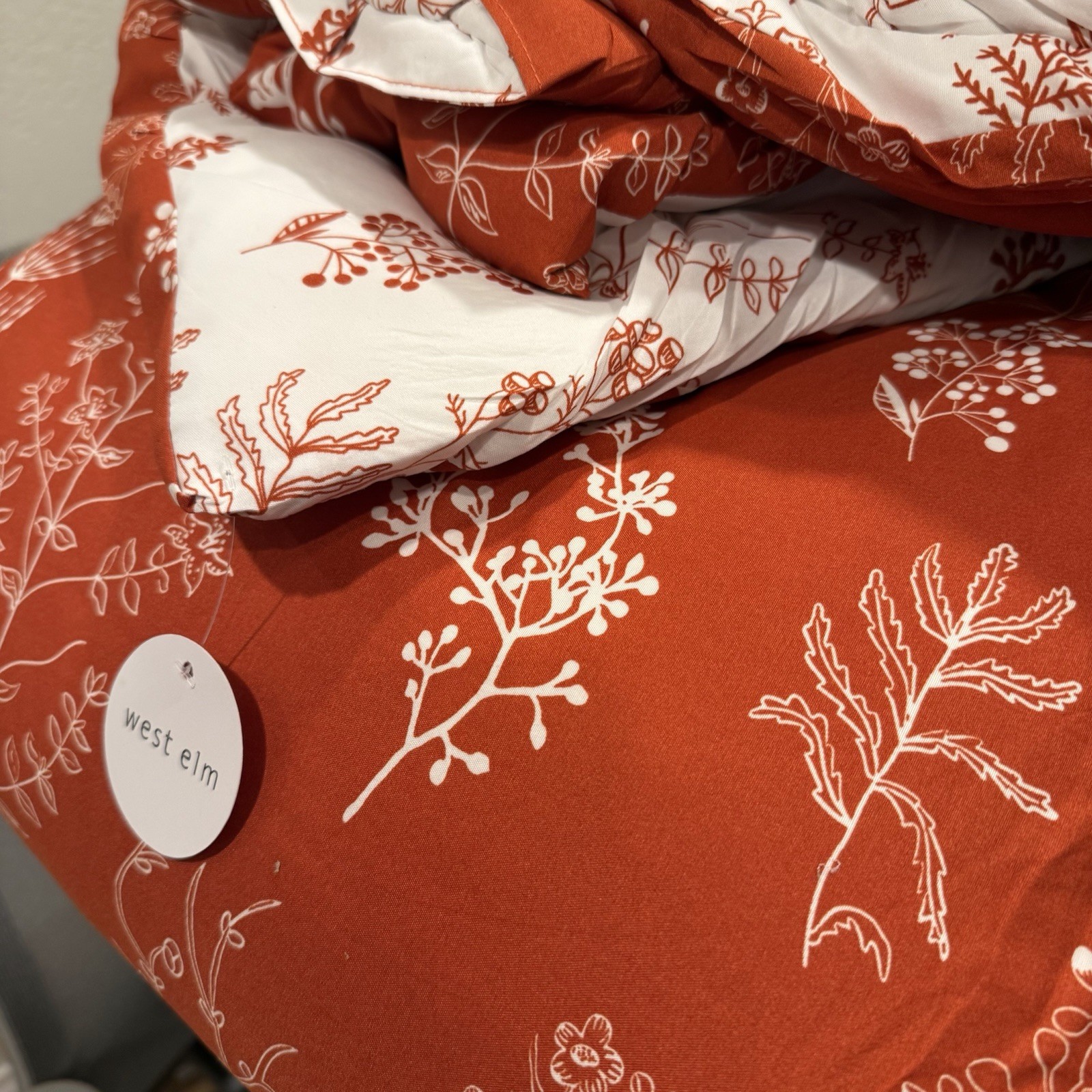 NEW West Elm Red Queen Size Comforter Botanical Print Bedding & Sham Case Set