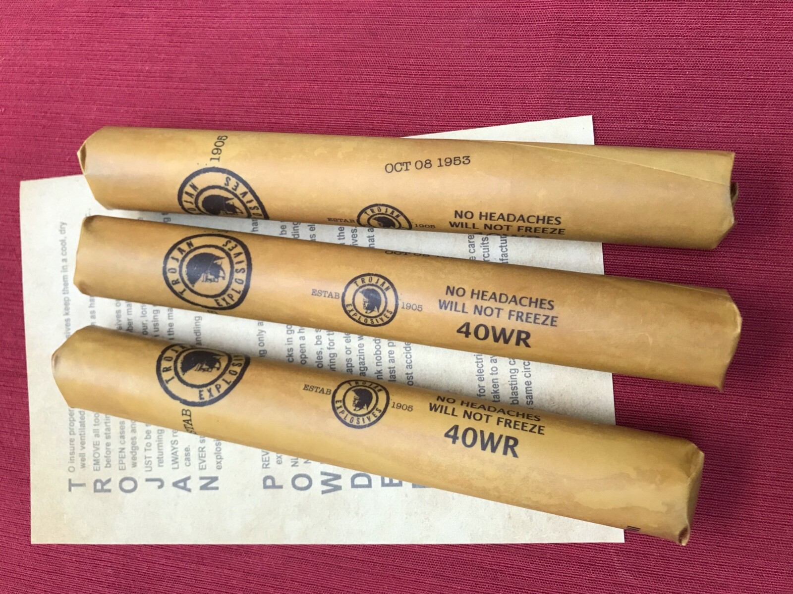 inert Trojan dynamite sticks, set of 3 w/instructions, replica, mining display