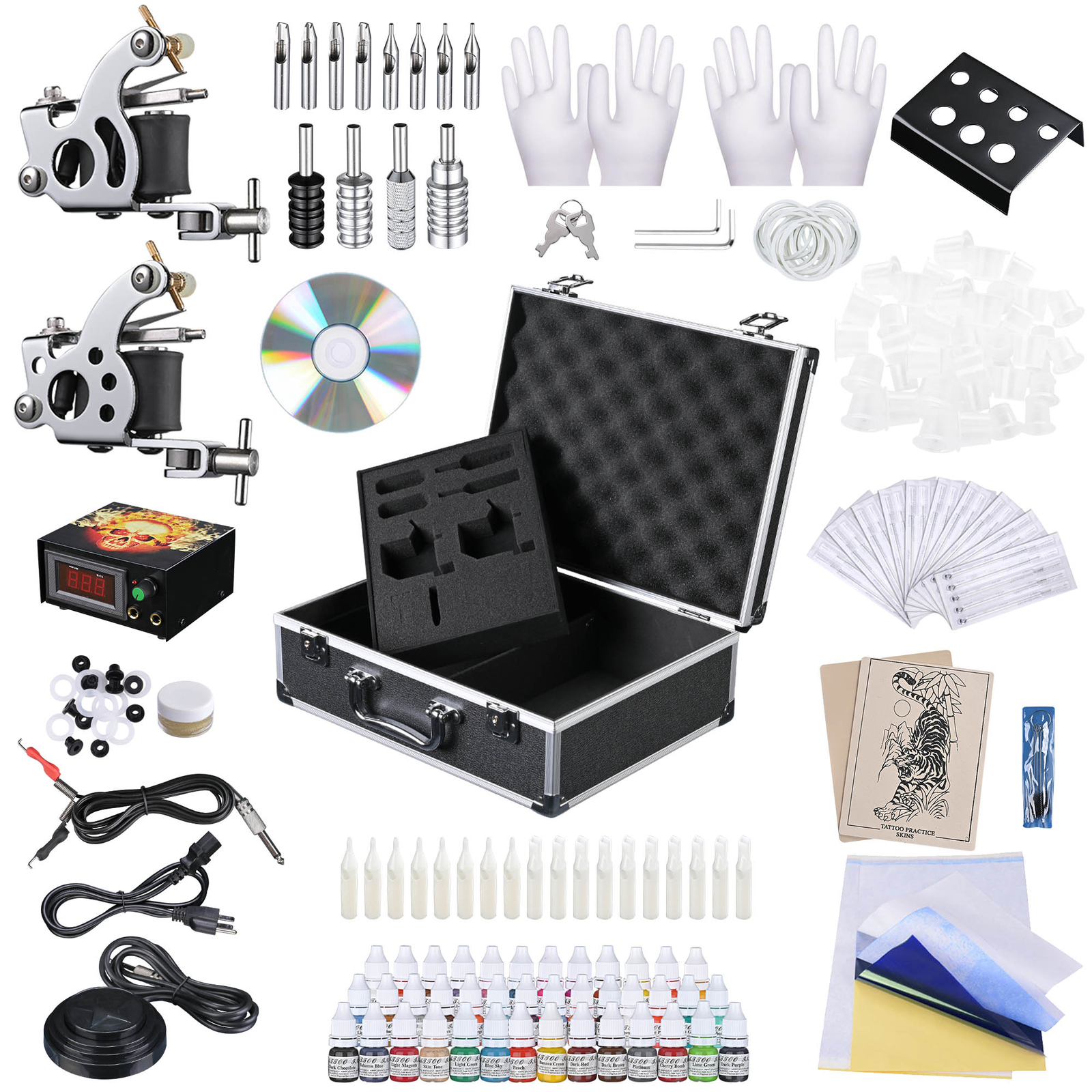 Complete Tattoo Kit 2 Machine Guns 40 Ink Power Supply Needles Grip for Beginner