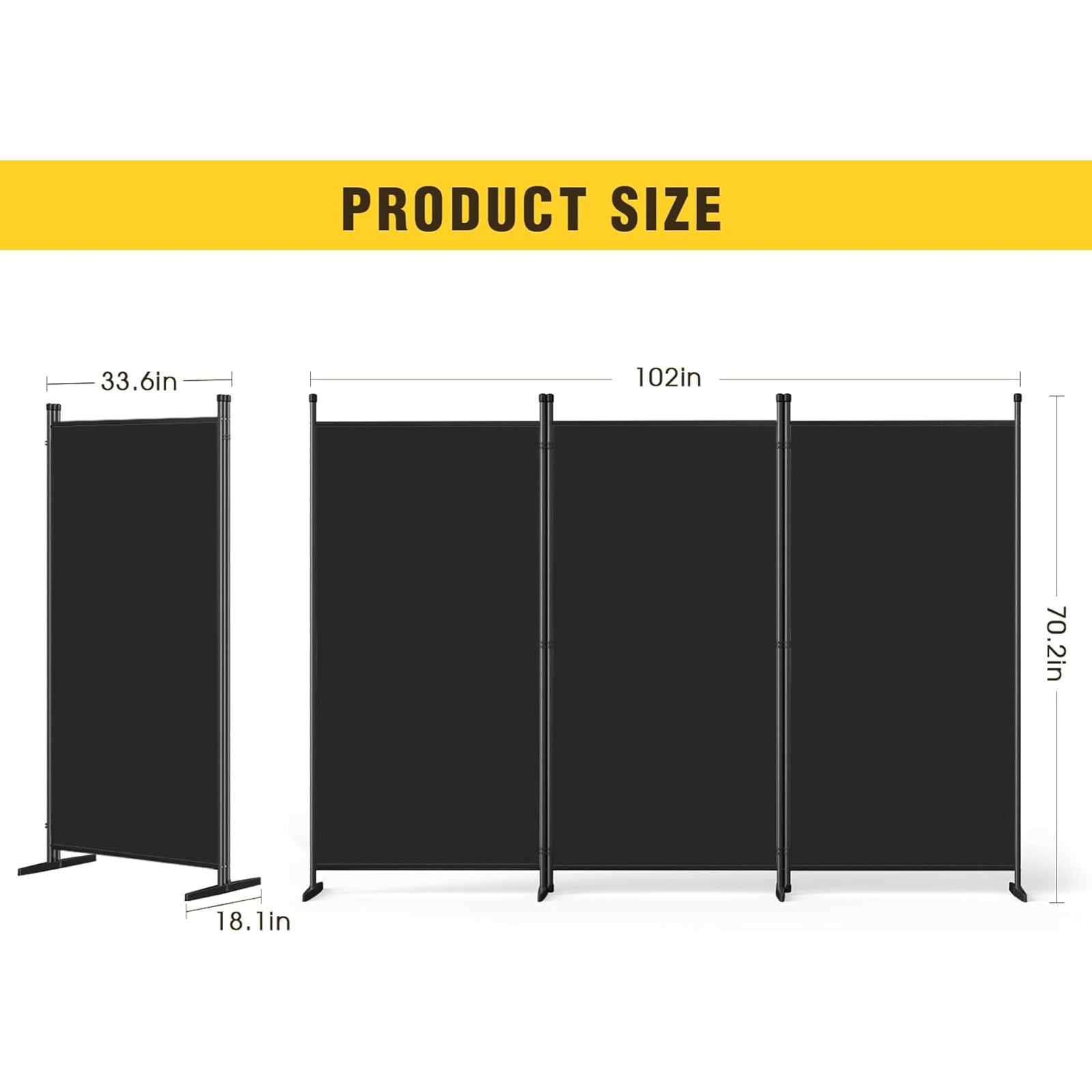 3-Panel Room Divider, Folding Portable Privacy Screen 70"H x 102''L - Black