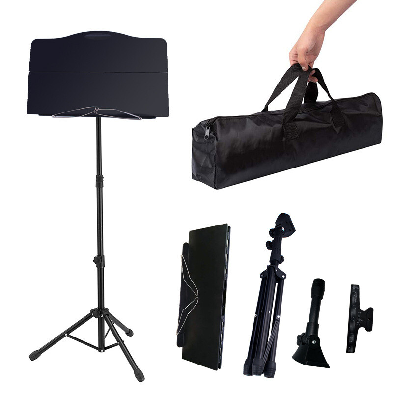 Portable Lightweight Metal Folding Sheet Music Stand With Carrying Bag & Light