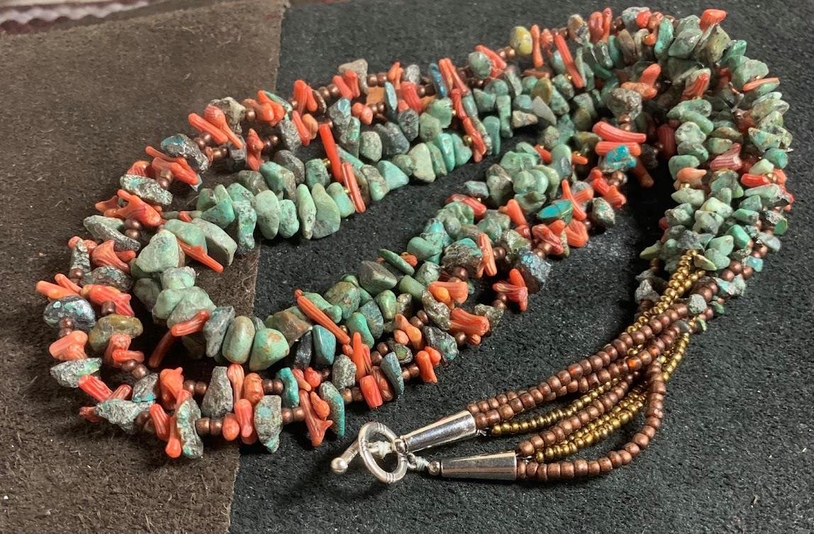 Gorgeous multi-strands turquoise/coral nugget necklace//(t722a-w3)