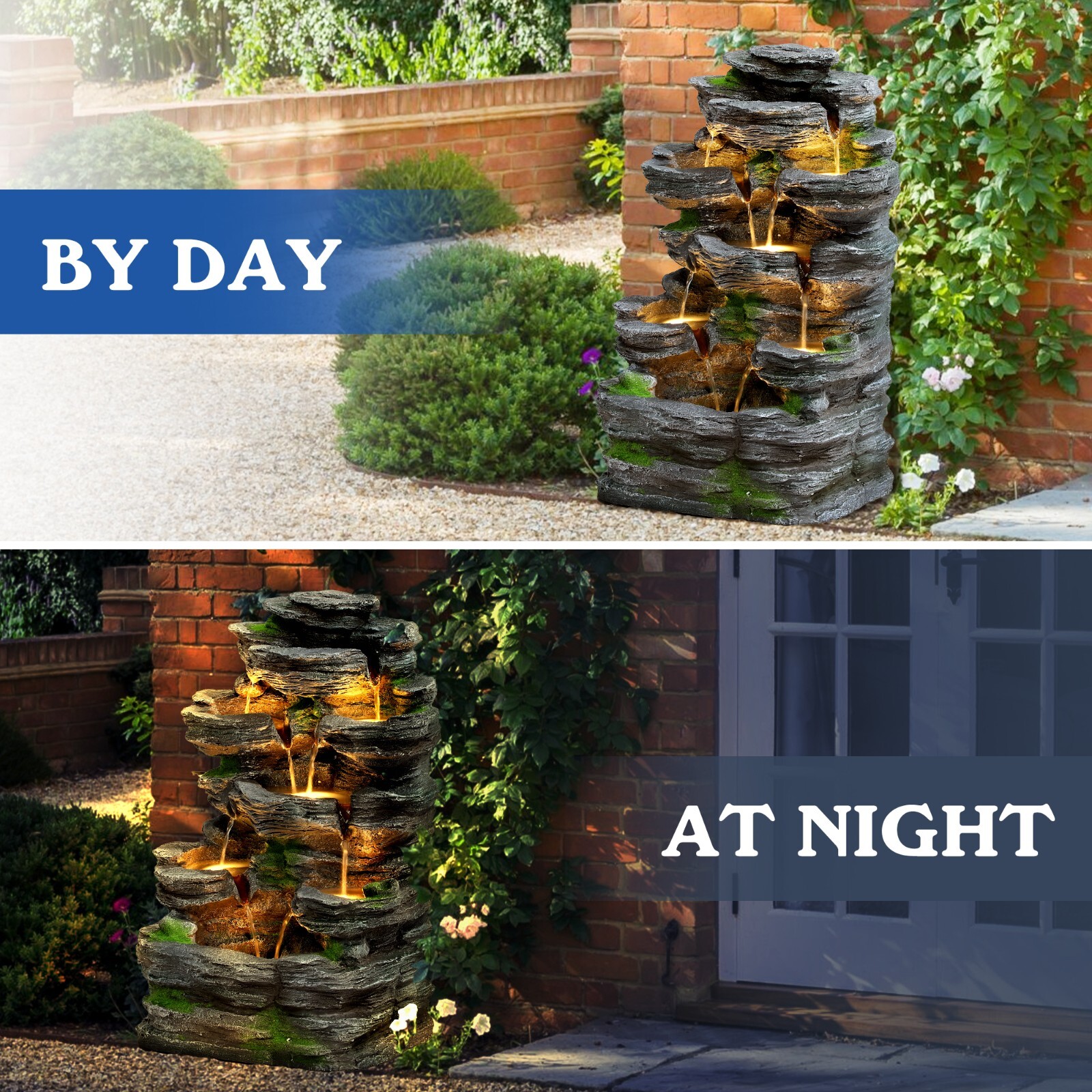 7Tier Cascading Rock Water Fountain 24" H Outdoor Fountain w/LED Light and Pump