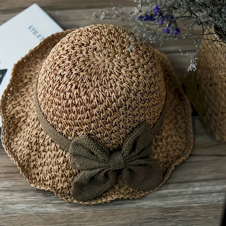 Elegant French Style Sun Straw Hat With Ruffle Bowknot Foldable And Breathable