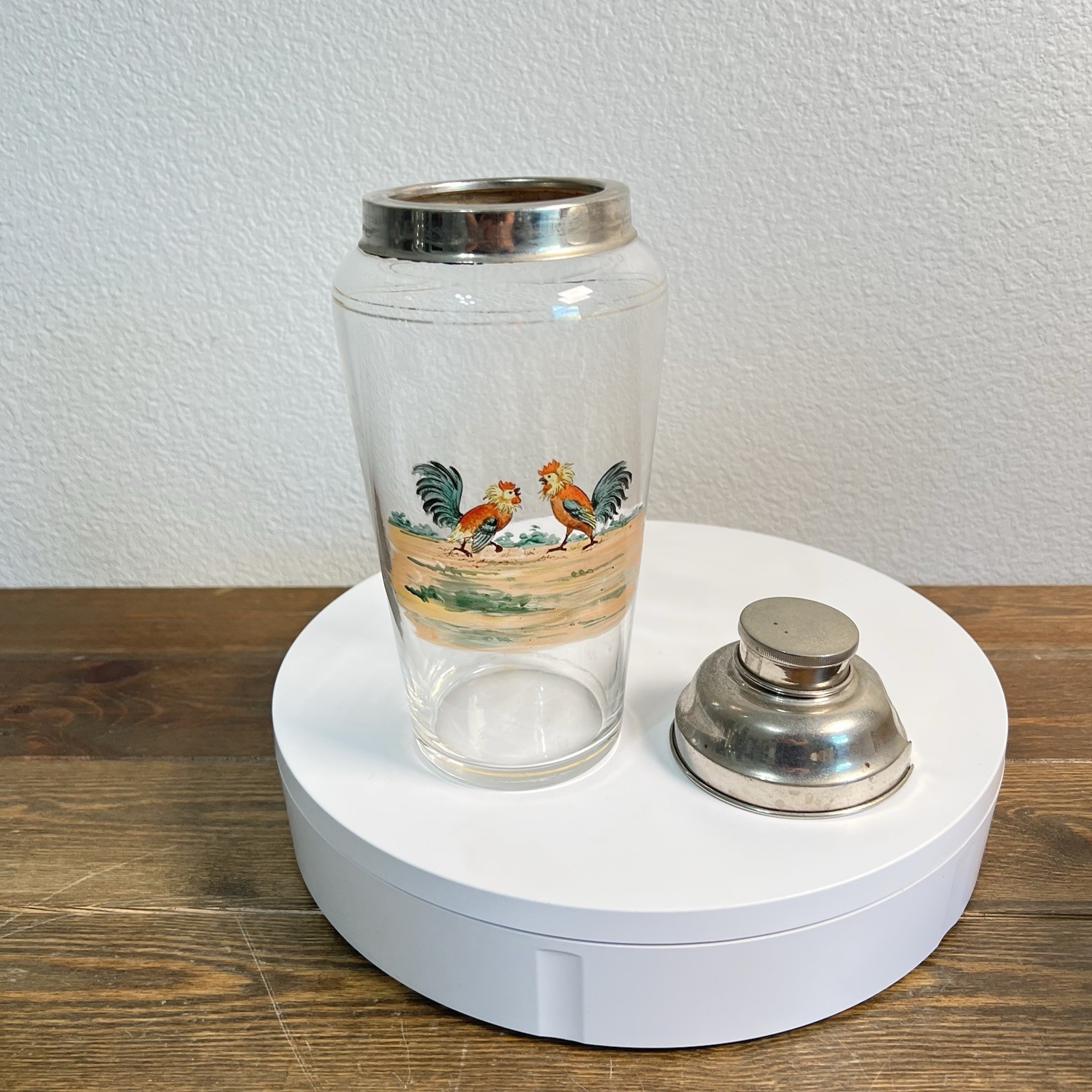 1940s Cocktail Shaker Hand-painted Rooster Silver Plated Vintage Art Deco 9"