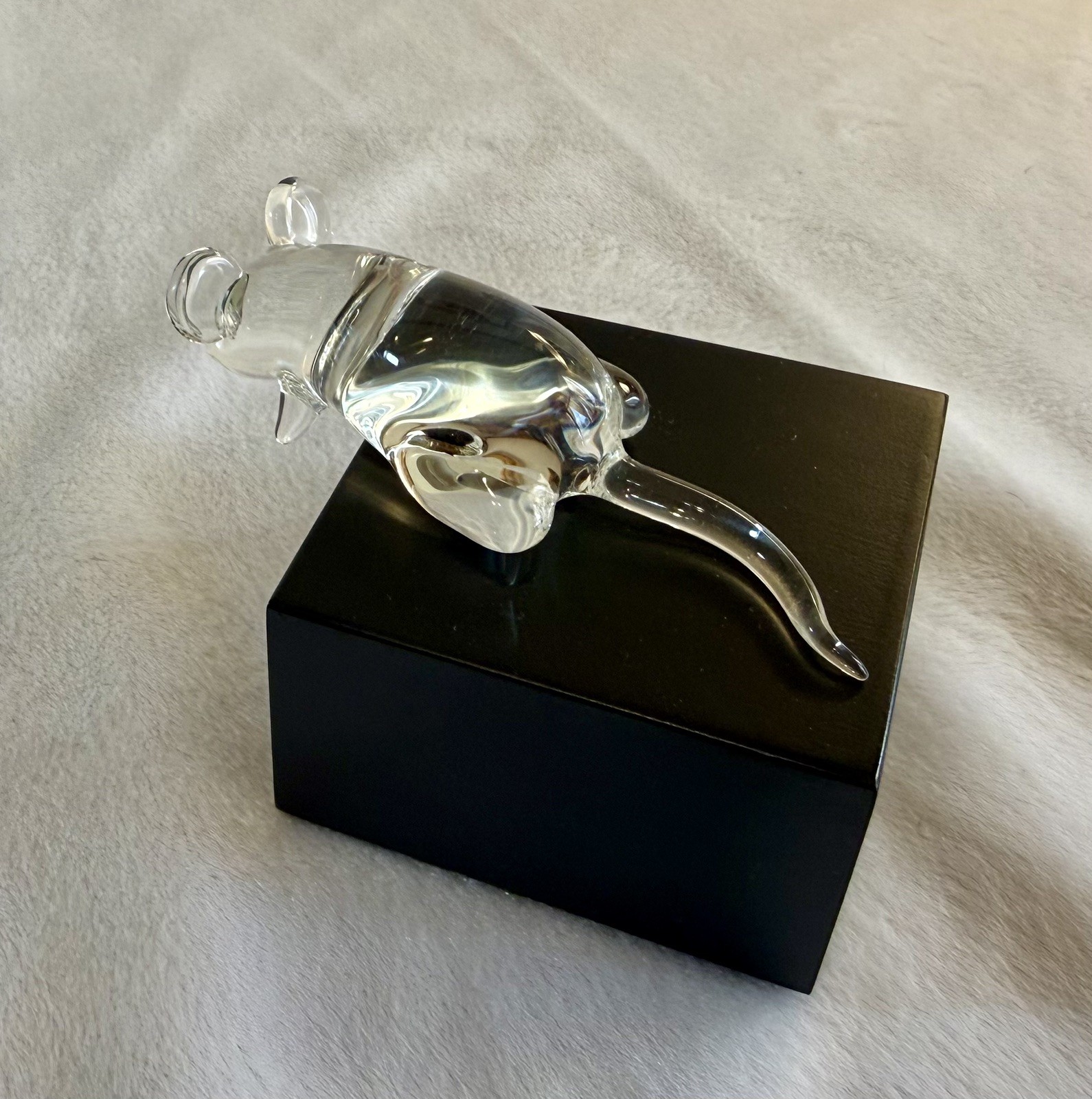 Frabel Glass Sculpture Mouse on Black Wood Base Signed 1989