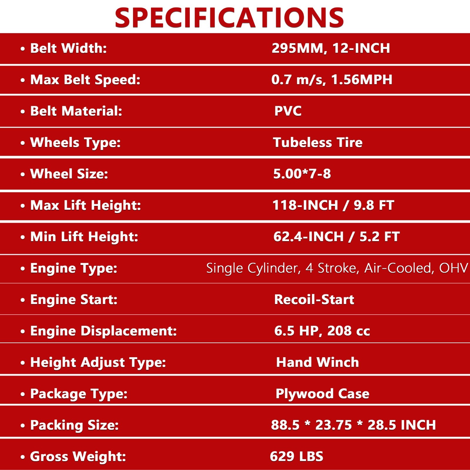 12" Firewood Conveyor 6.5HP Gas Powered 118in Lift Height Belt Log Elevator