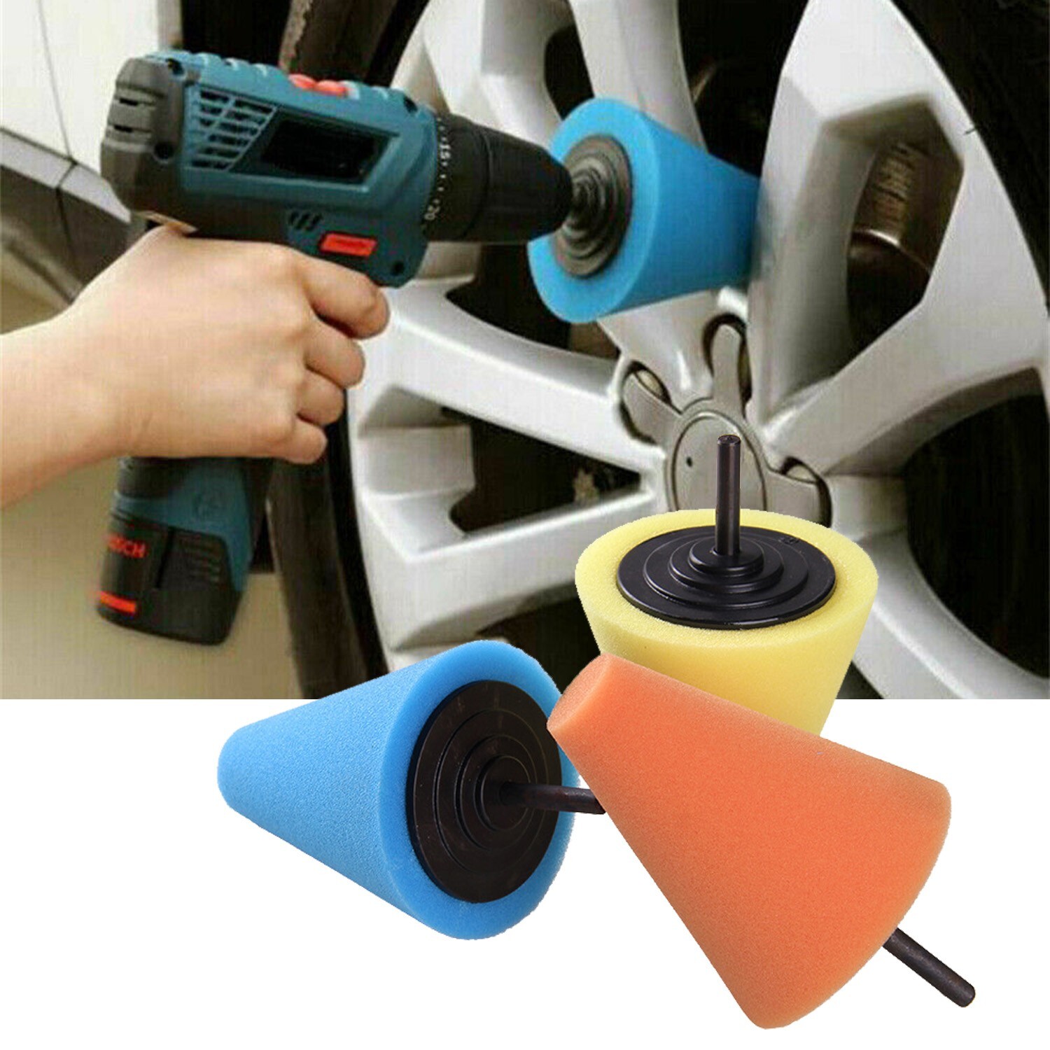 Foam Drill Polishing Cone Ball Pads Kit Car Hub Waxing Buffing Wheel Polisher 4"