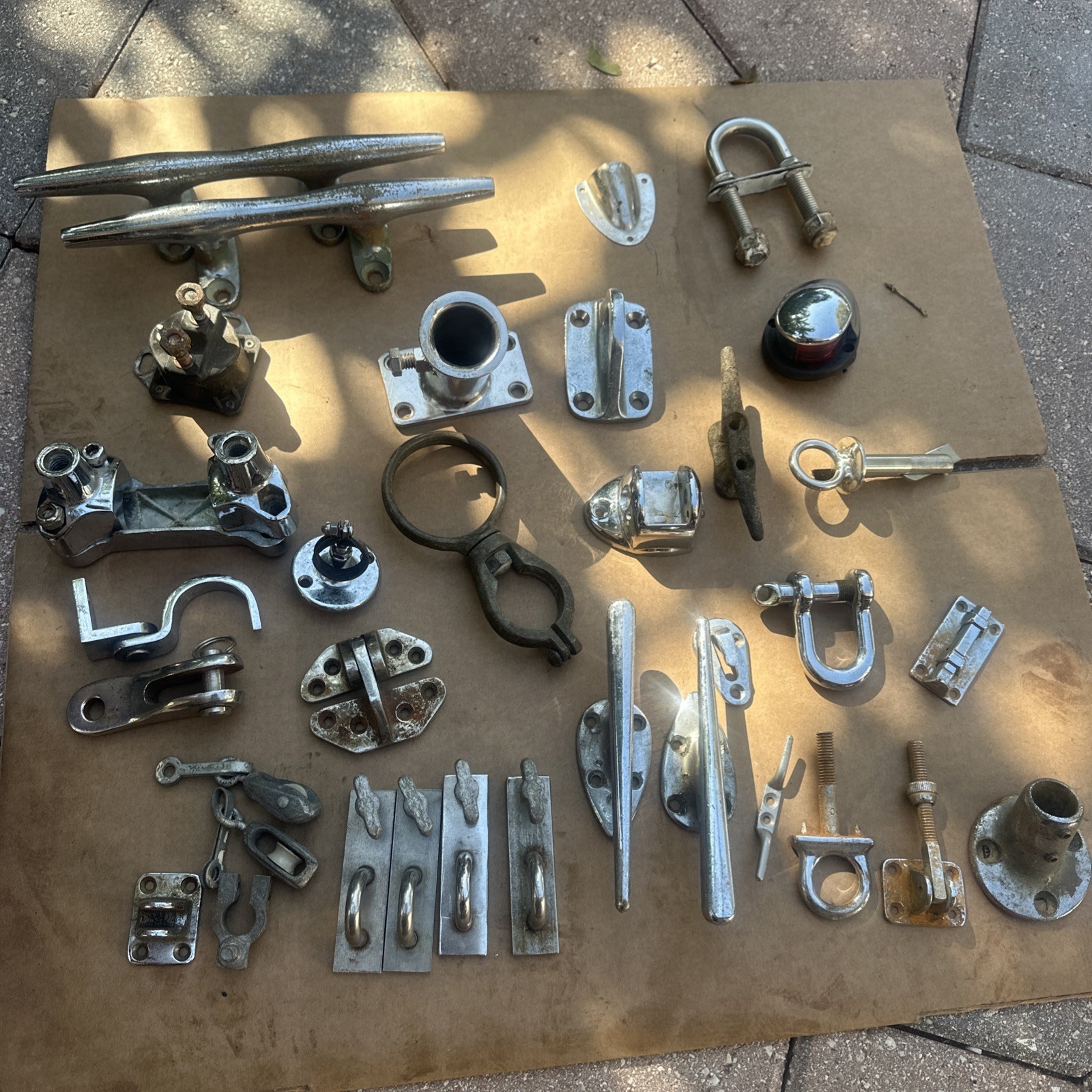 Lot of 32 Pc. Vintage Chrome Boat Cleats, Mounts, Marine Sailing Boating Rigging