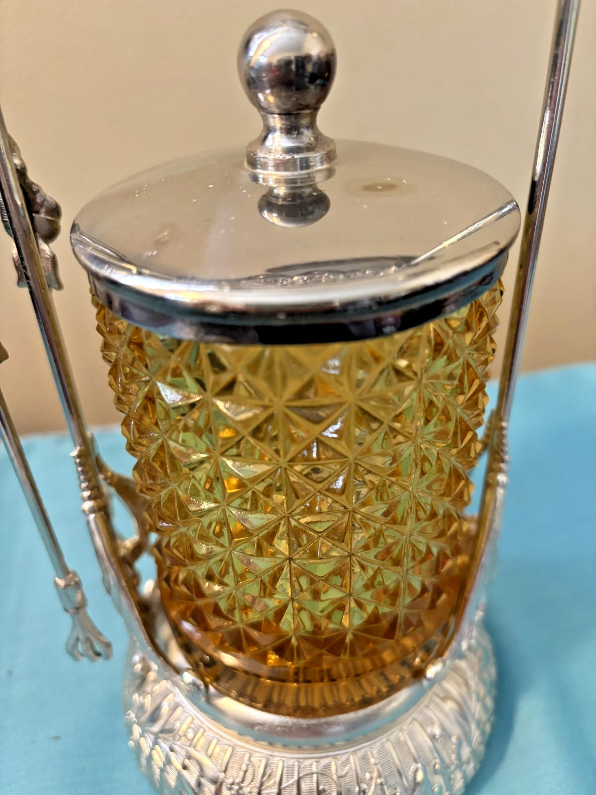 Antique Amber Glass Silver Plate Floral & Vines Pickle Castor with Tongs Signed