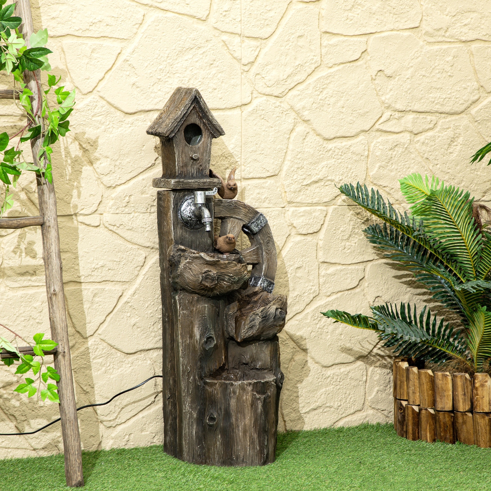2-in-1 Outdoor Water Fountain Birdhouse Tree Trunk Water Feature