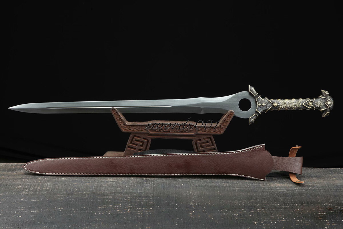 Handmade Brass Handle Short Divine Sword Damascus Steel Blade Leather Sheath