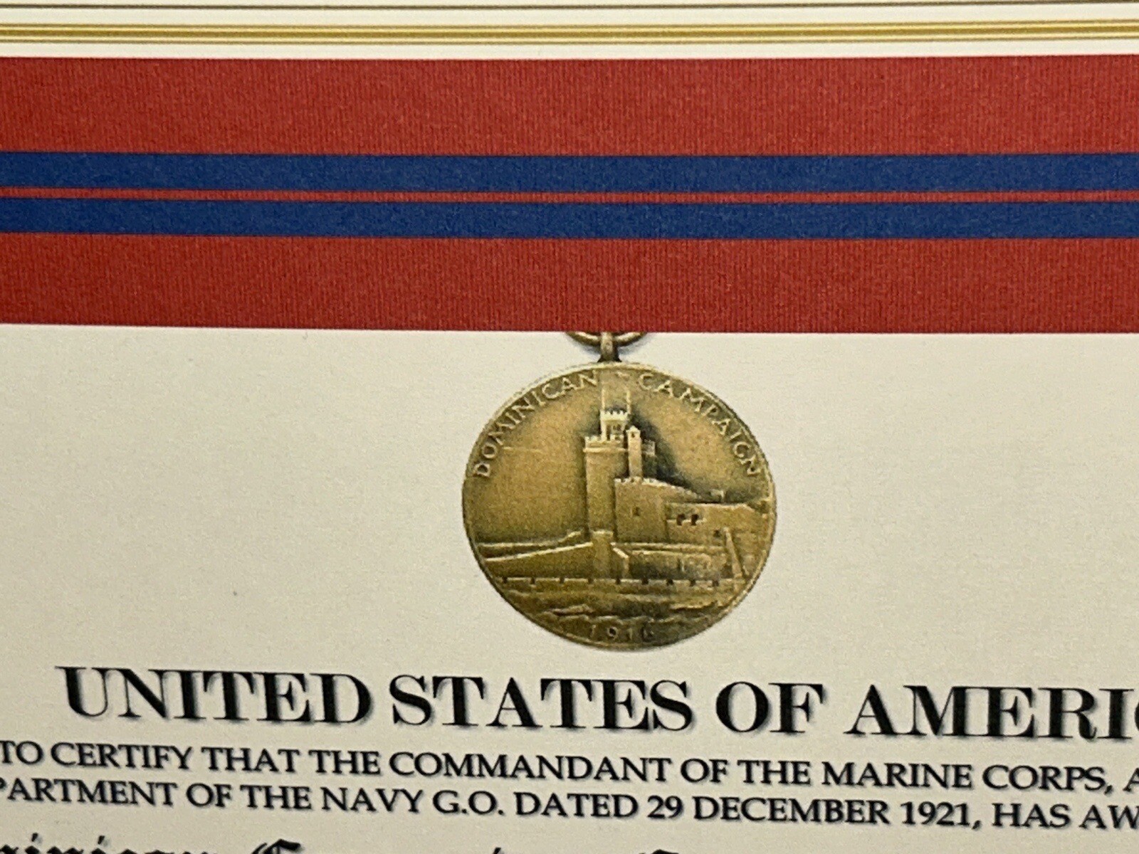 DOMINICAN CAMPAIGN (USMC) COMMEMORATIVE MEDAL CERTIFICATE ~ W/PRINTING TYPE-1