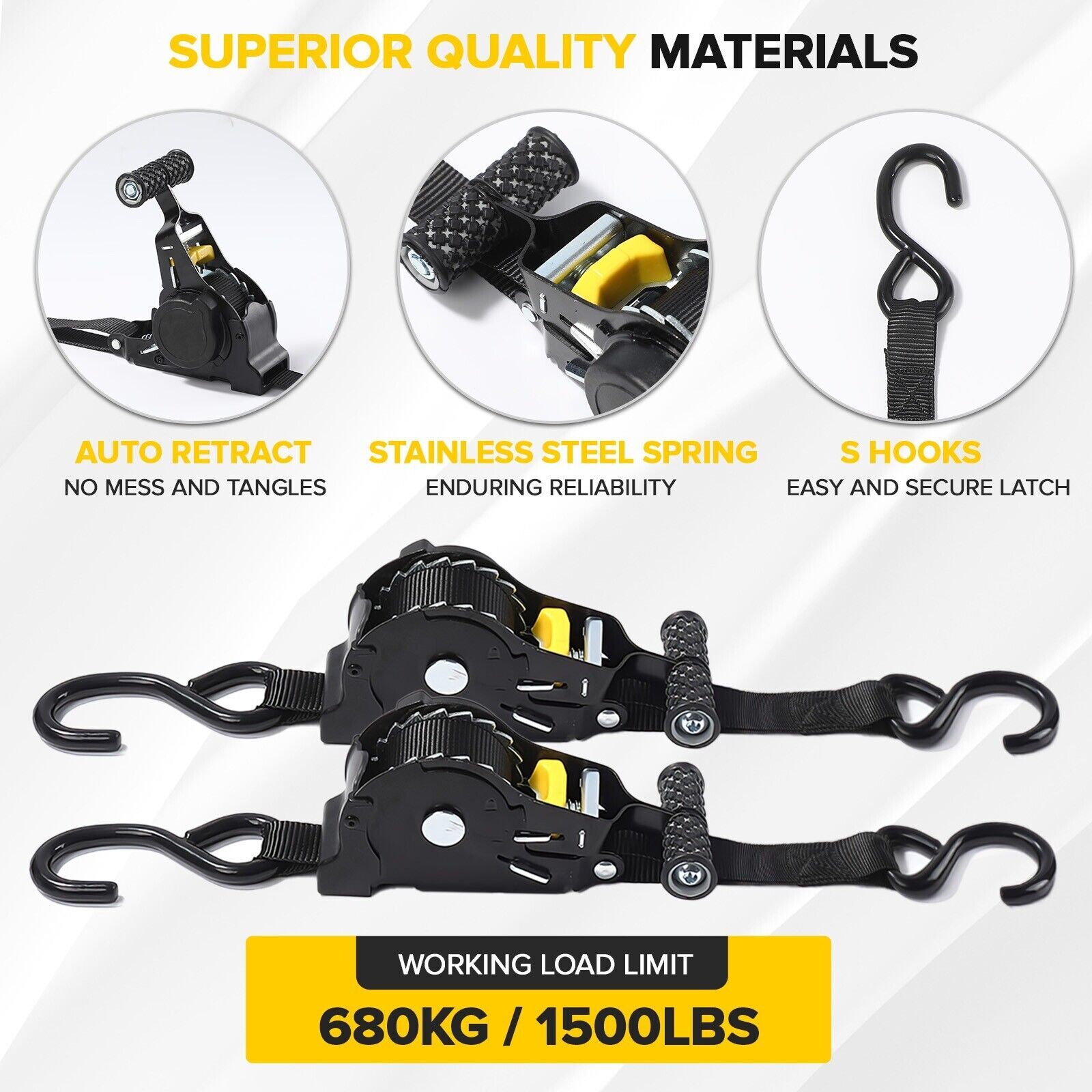 4 Pack Retractable Ratchet Tie-Down Straps 1500LBS Heavy-Duty for Boat, ATV, UTV