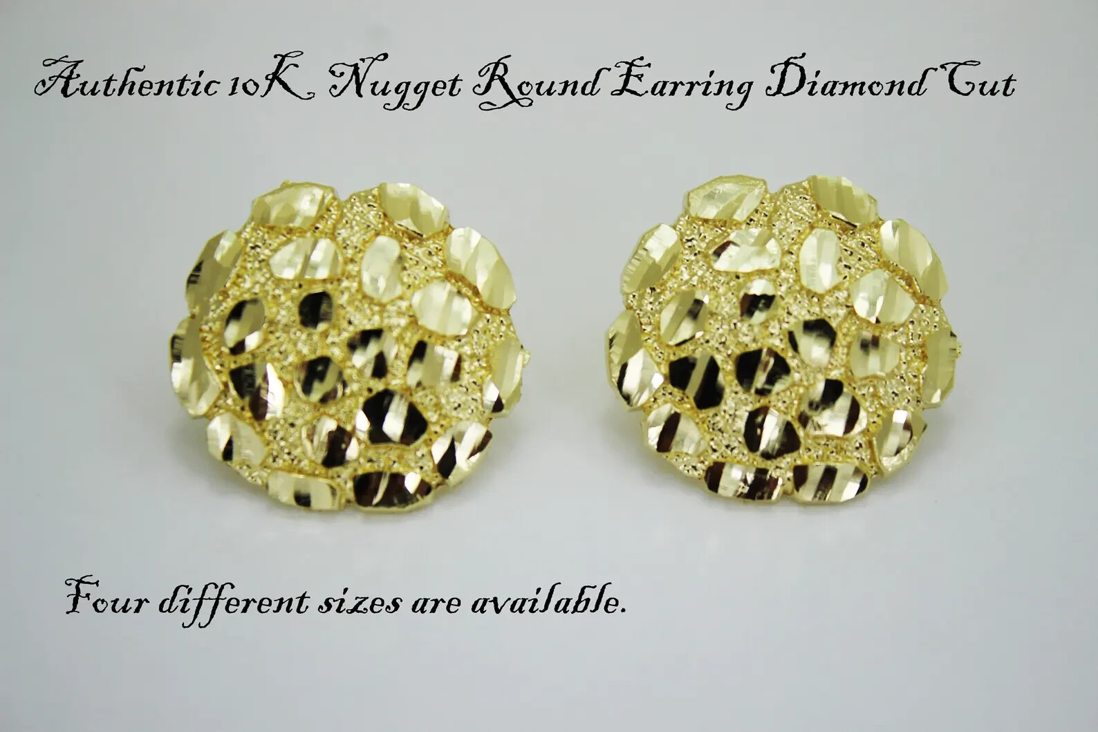 10K Soild Yellow Gold Nugget Round Diamond Cut Stud Earrings for Men Women