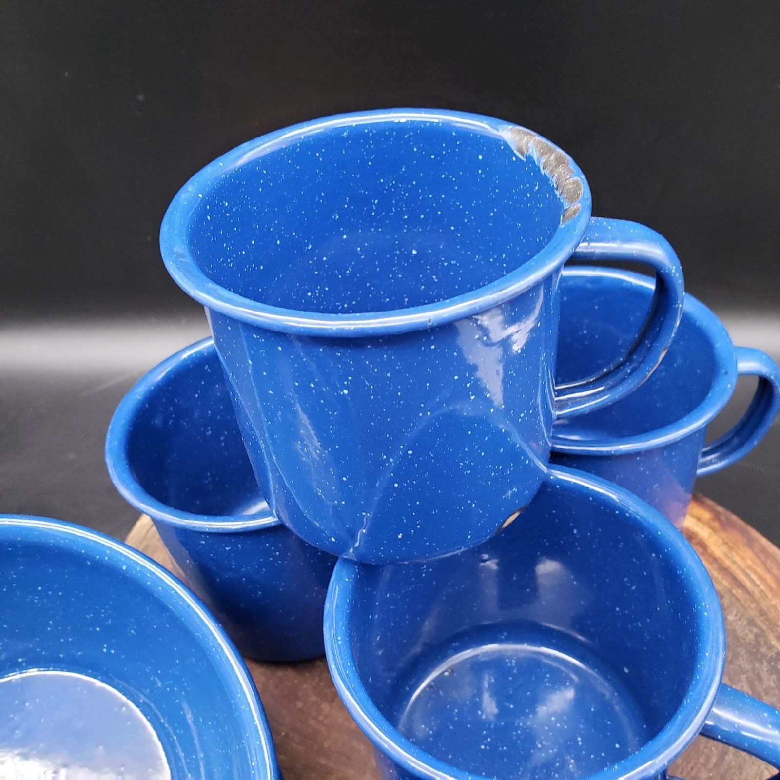 VTG Blue Speckled Enamelware Camp Mug Plate & Bowl Set 12pc Camping Graniteware