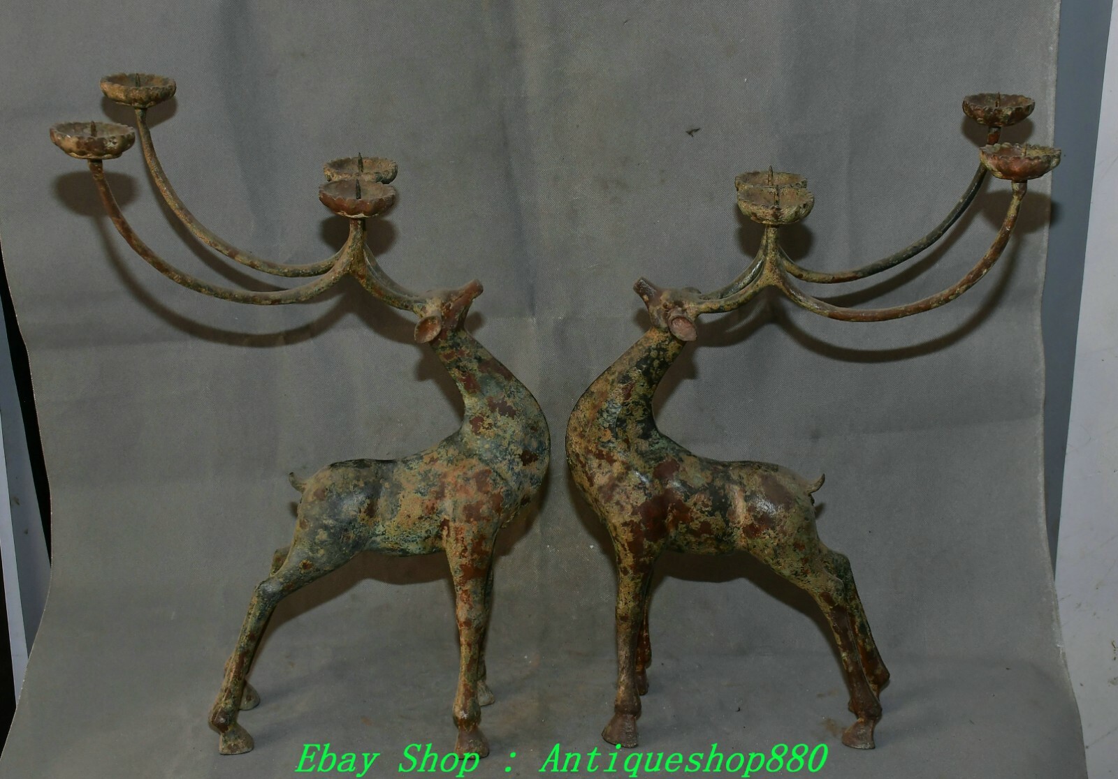 20.8'' Old China Dynasty Bronze Ware Deer Candle Holder Candlestick Statue Pair