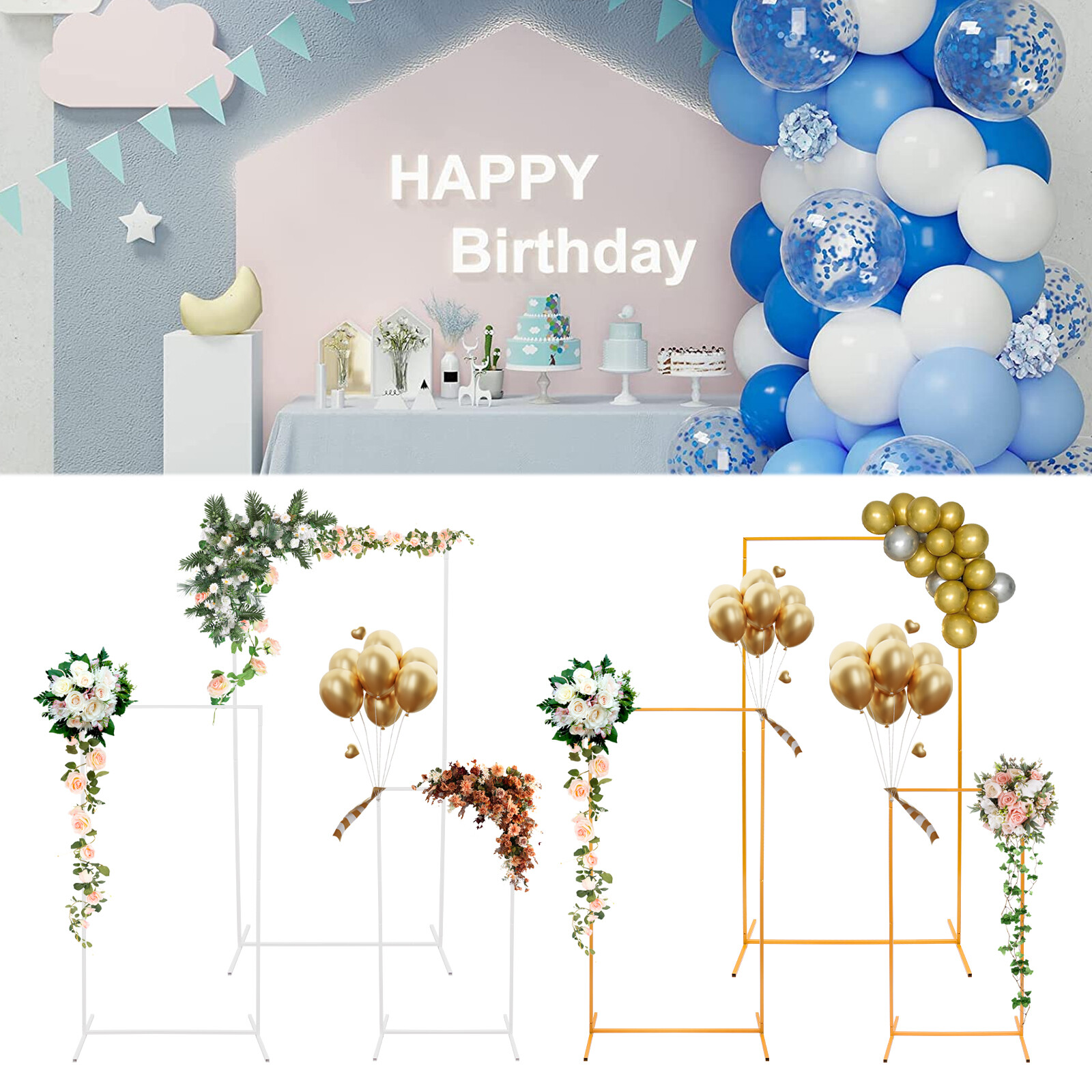 3 Packs Wedding Flower Arch Backdrop Stand Square Balloon Photo Stand Gold/White