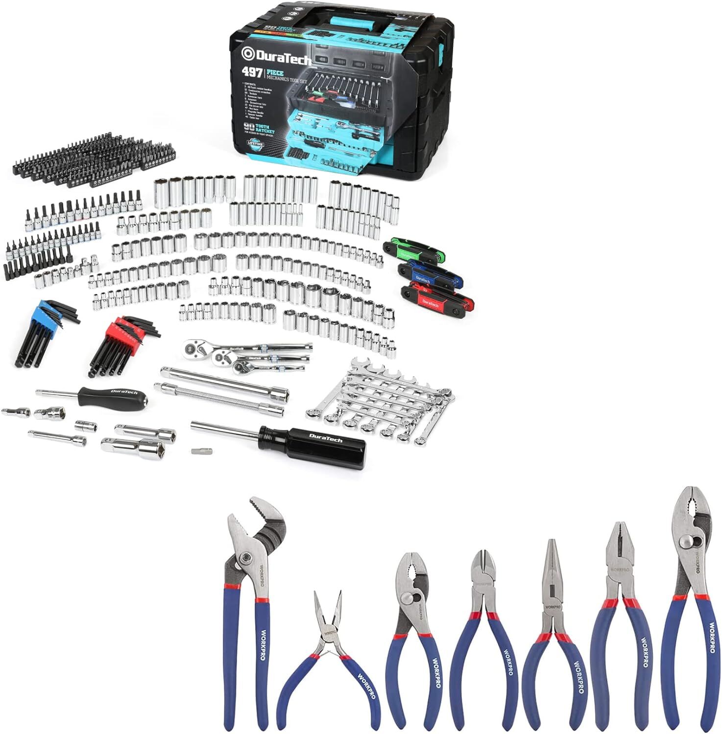 DURATECH 497-Piece Mechanics Tool Set Wrench Sockets& WORKPRO 7-PIECE Pliers Set