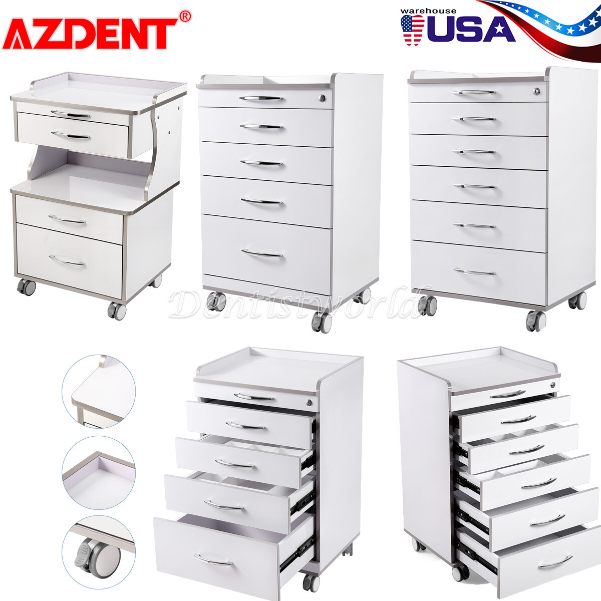 Carro Trolley Dental Móvil Médico con 3/4/5 Cajones Ruedas 360° Gabinete Rodante