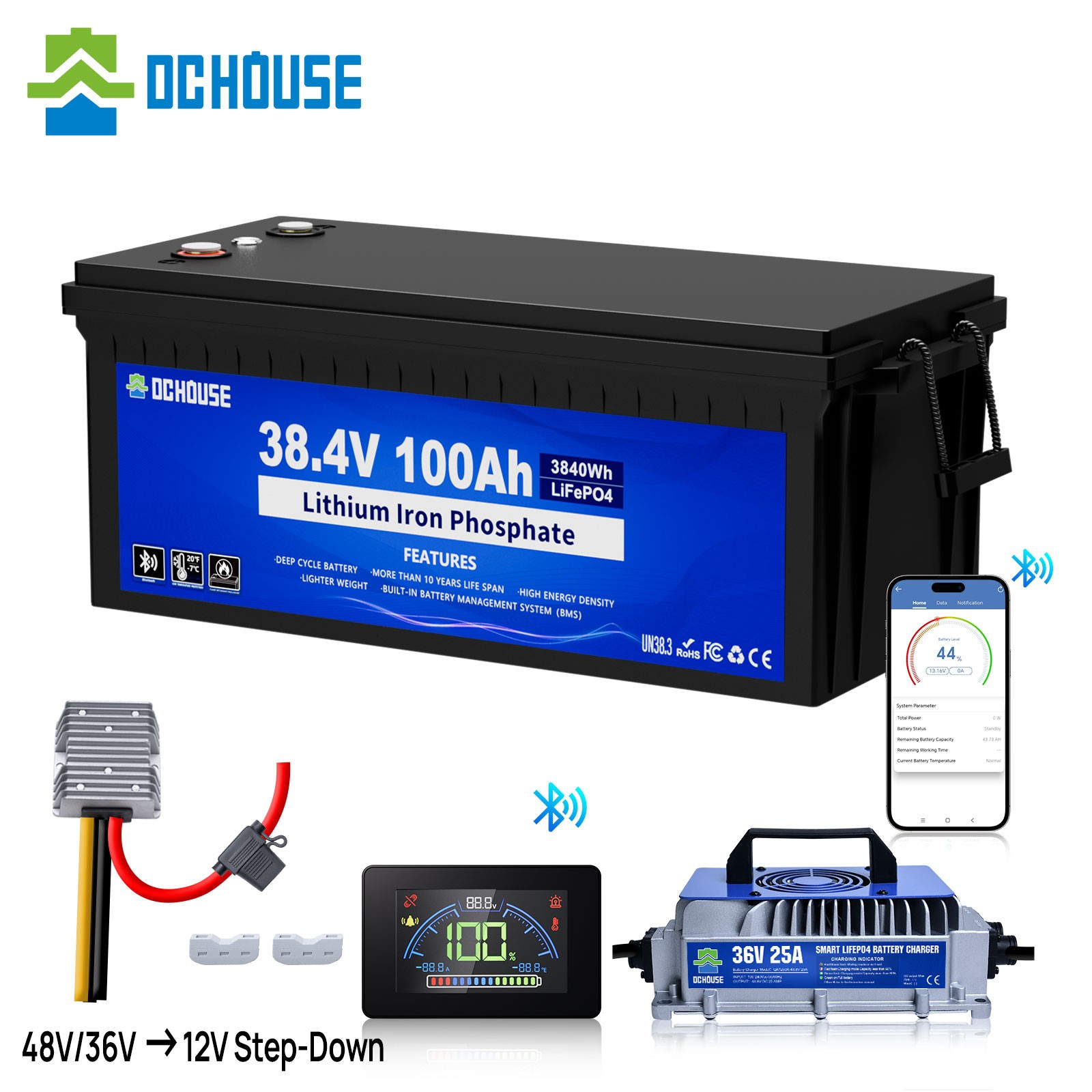 36V 100AH Lithium Golf Cart Battery Bluetooth Trolling Motor RV with 25A Charger