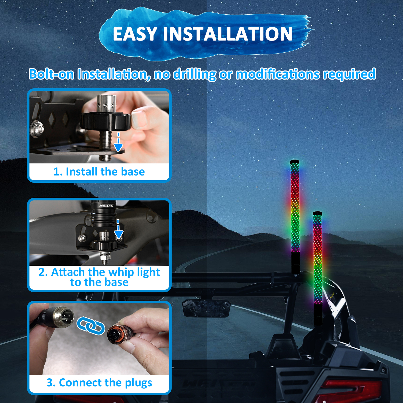 3FT Thick LED Whip Spiral Chasing RGB Fat Whip Lights For Can Am Polaris RZR UTV