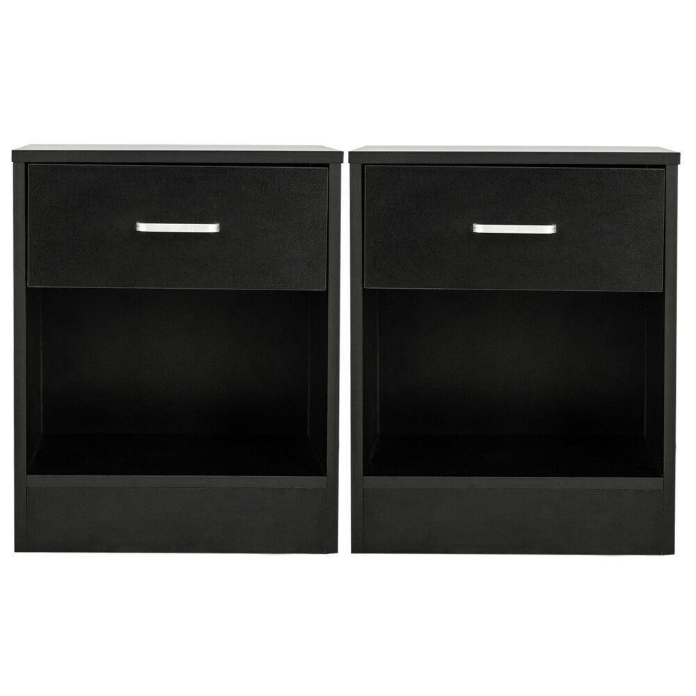 Set of 2 Bedroom Bedside Table Nightstand End Side With Drawer and Open Shelf
