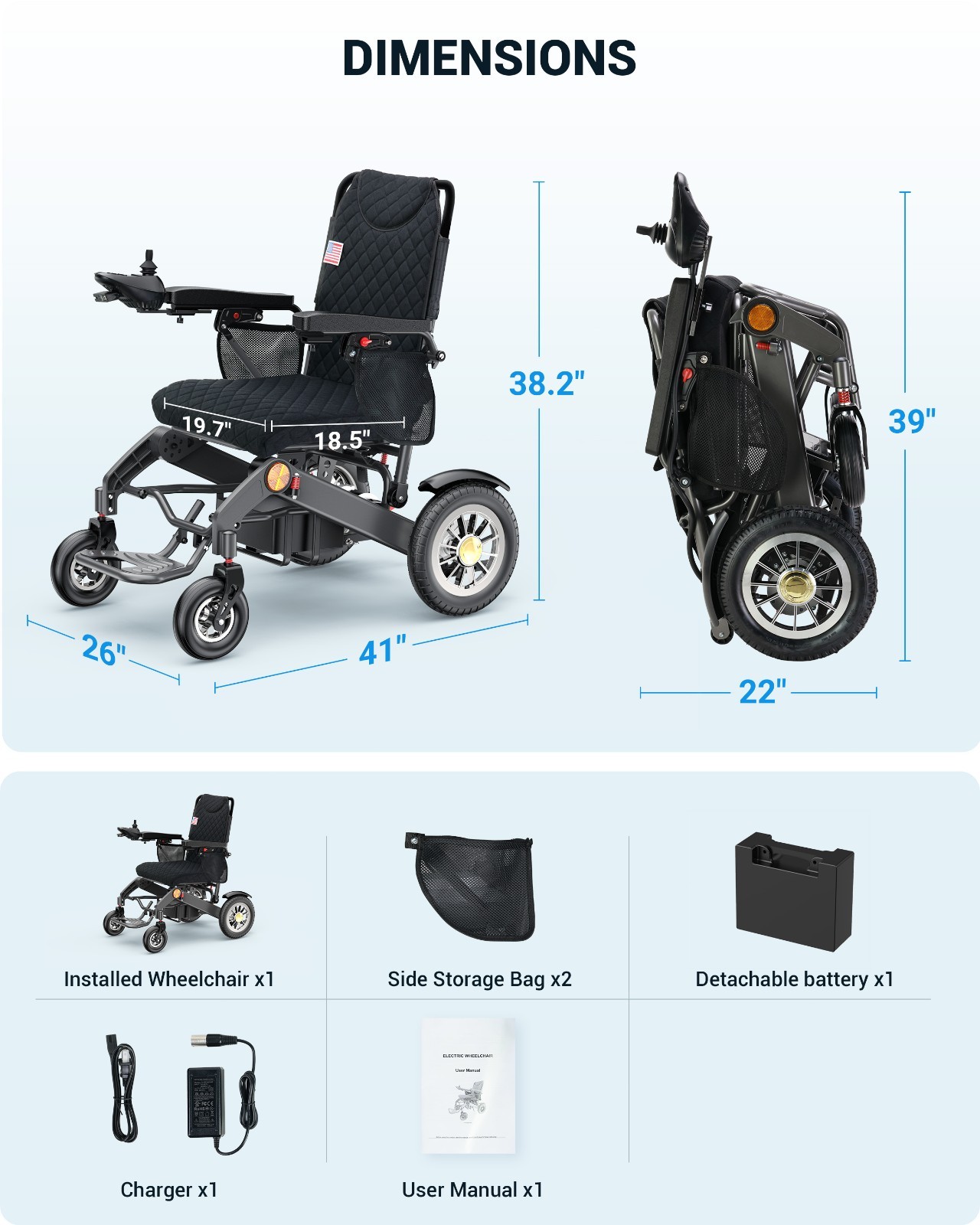 30 Mile Range Foldable Electric Wheelchairs for Adults & Seniors, Black