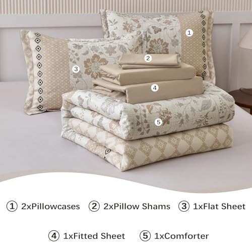 Comforter Set 7 Pieces Bed in a Bag Floral Geometric Patchwork Soft King Beige