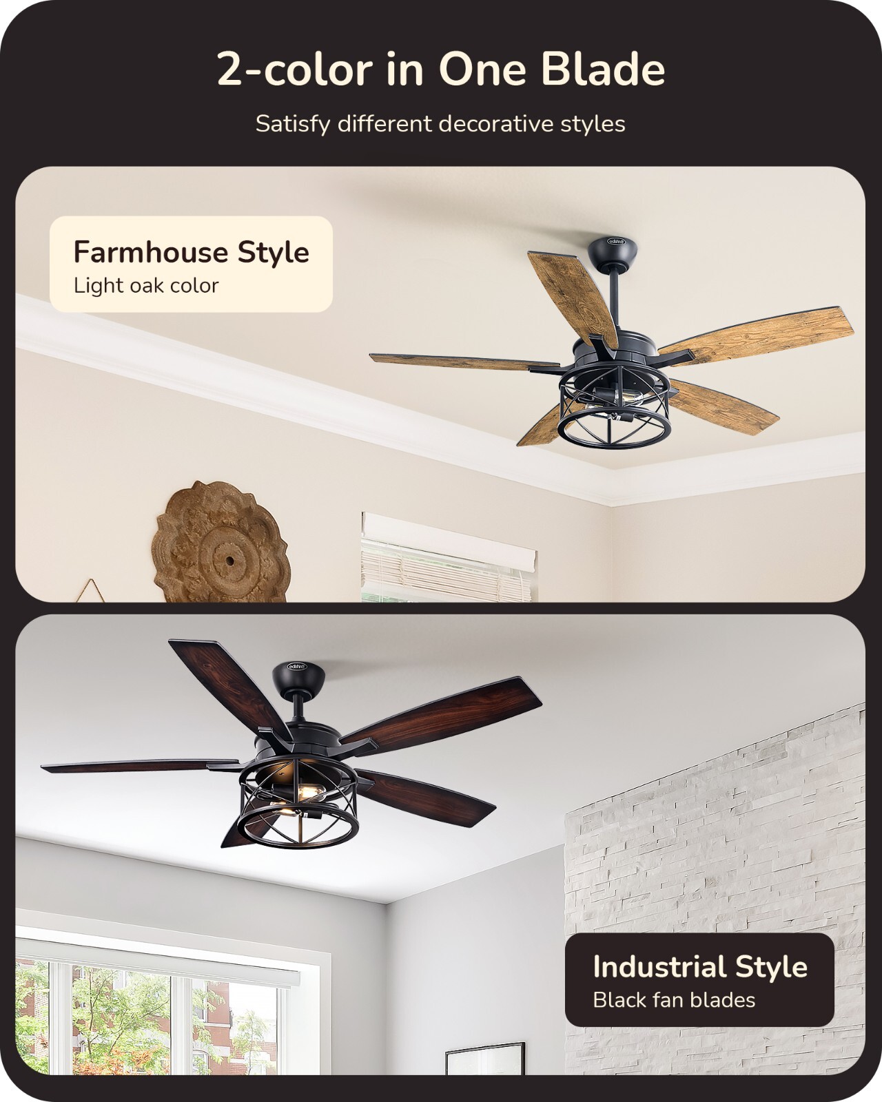 EDISHINE 52 Inch Farmhouse Ceiling Fans With Lights Rustic Ceiling Fan Remote